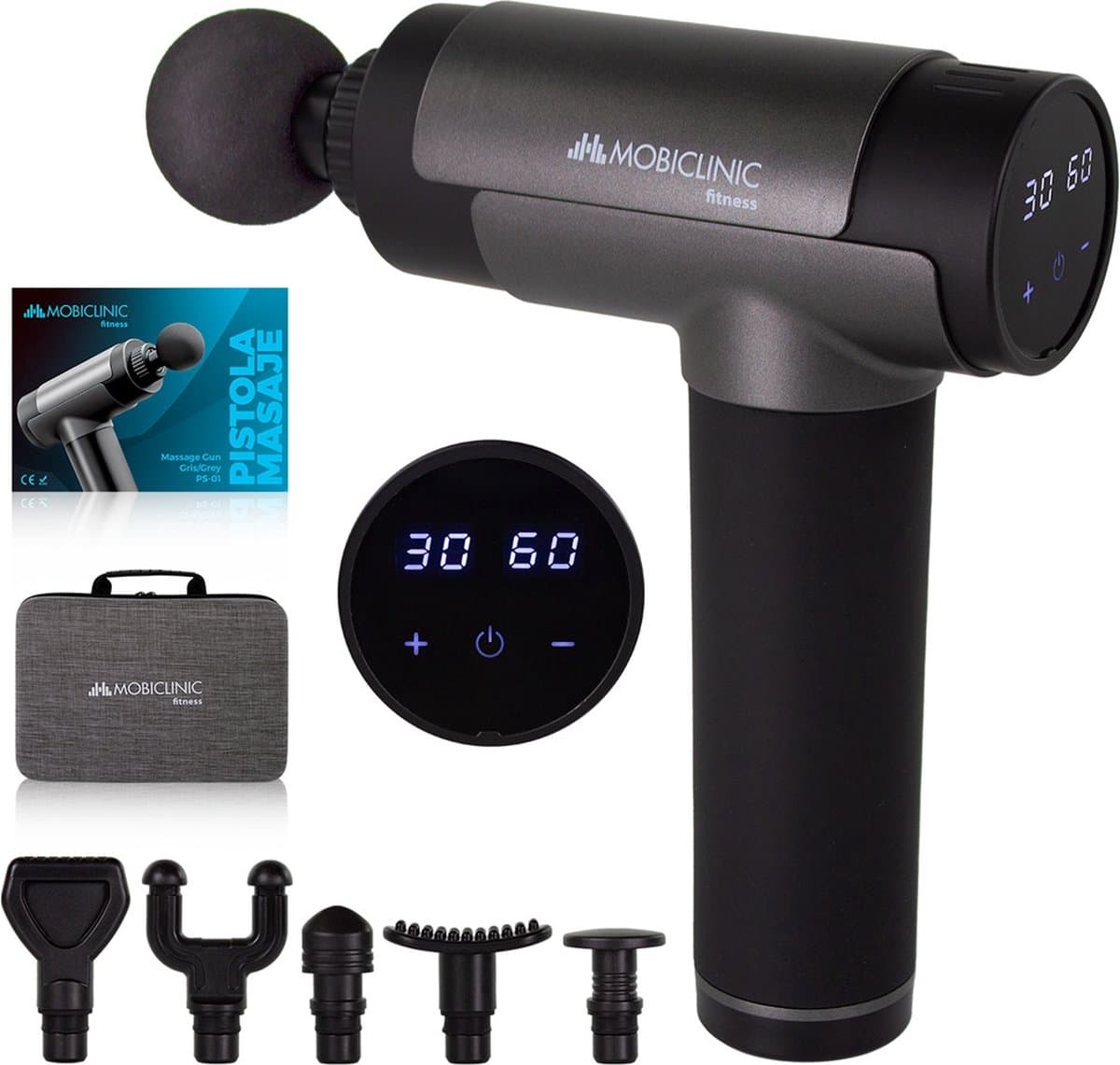 Mobiclinic PS-01 - Massageapparaat - Massage Gun - Massage pistool - 6 verschillende Opzetstukken - 30 instelbare intensiteitsniveaus - LCD scherm - Spiermassagepistool - Diep weefsel massageapparaat - Draagbaar - Grijs