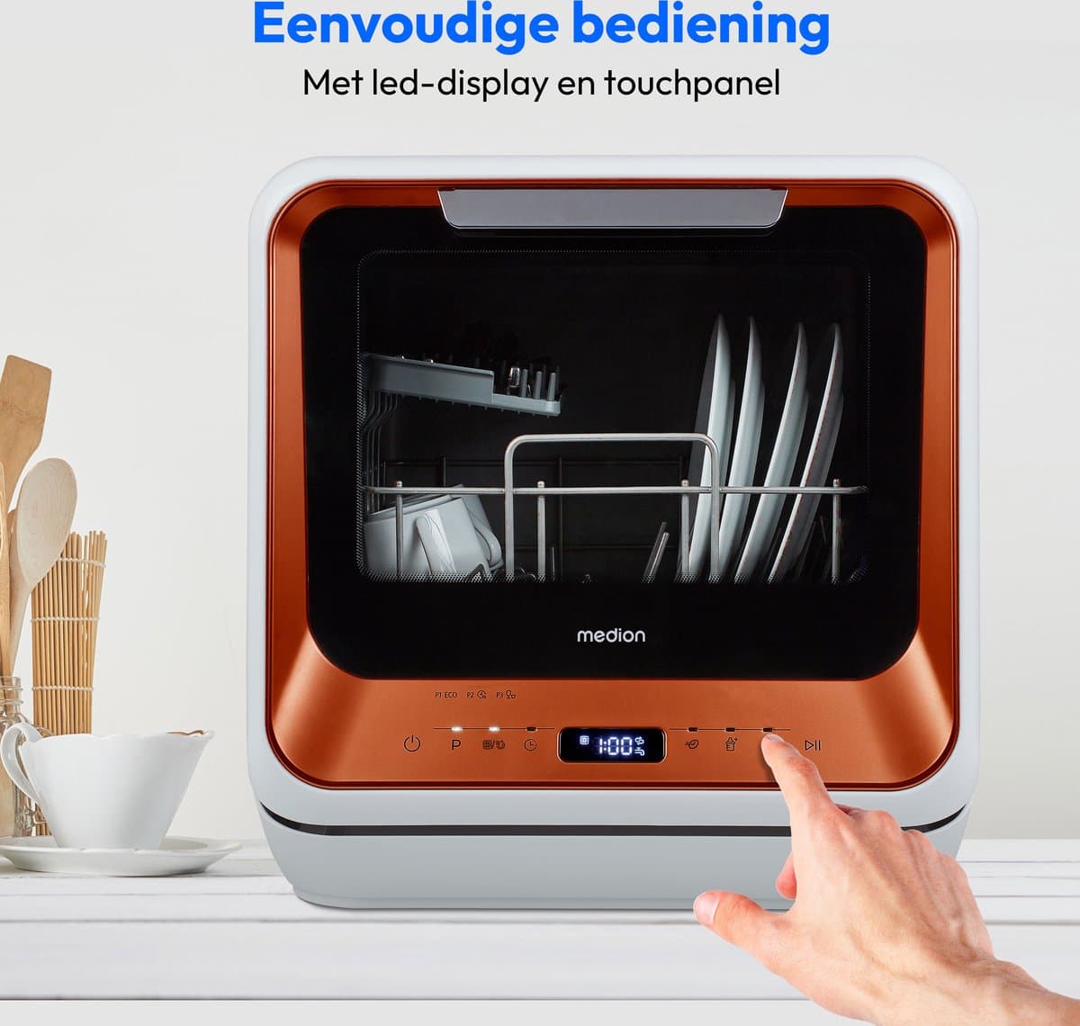 MEDION Mini vaatwasser DWT20 (tafelvaatwasser, 2 couverts, werkt met/zonder wateraansluiting, 6 programma’s, babyflessen, starttijdkeuze, vrijstaand), brons thumbnail 5