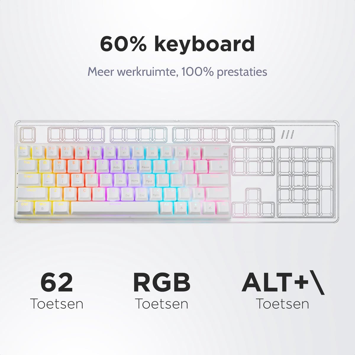 getcetera 60% Mechanisch Gaming Toetsenbord - Red Switches - RGB - QWERTY - USB-C Bedraad - Compact Wit thumbnail 5