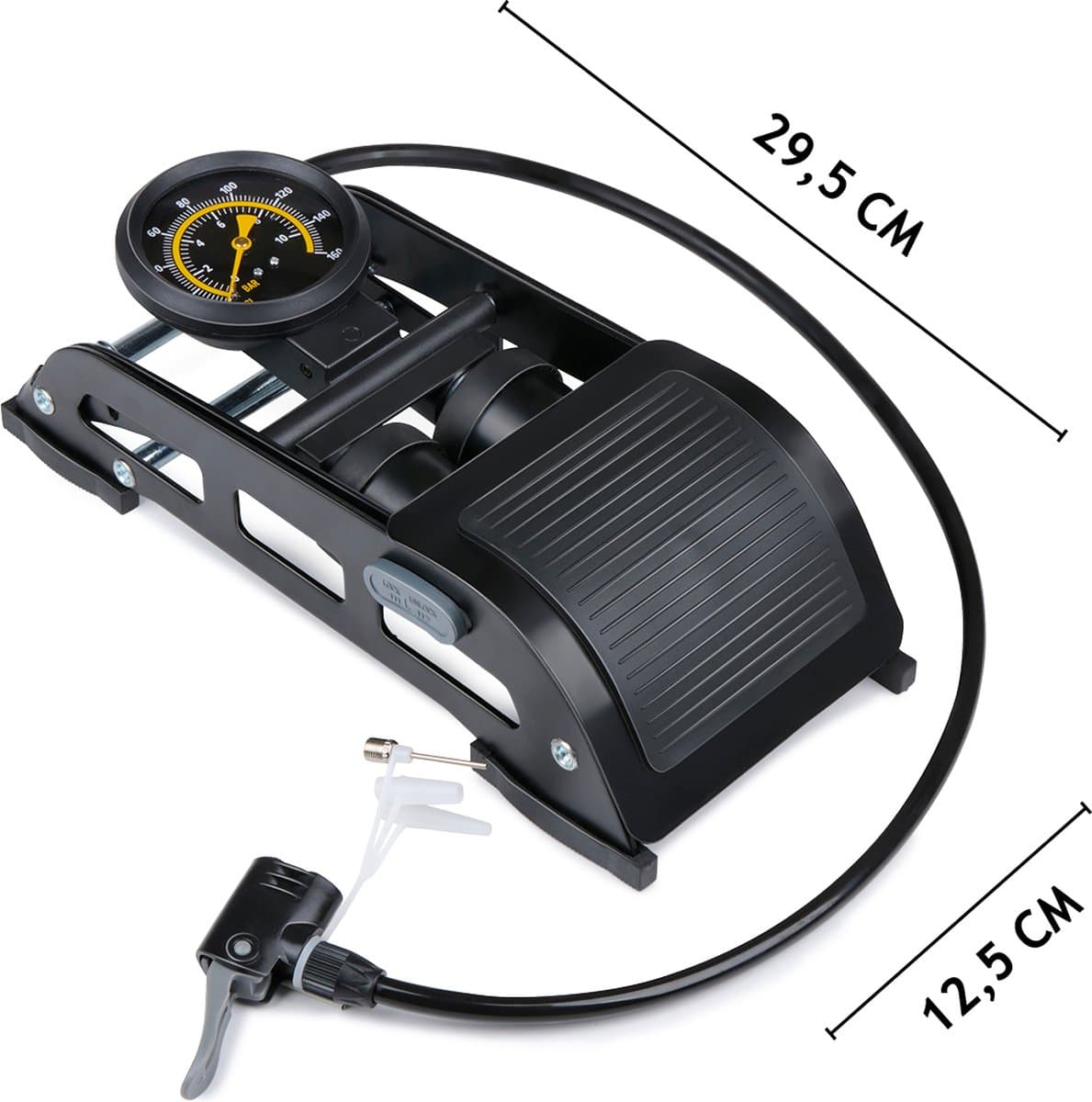 Dunlop Dubbele Voetpomp met Manometer - Luchtpomp voor Auto, Fiets, Motor en Bal - Fietspomp met Drukmeter - Pomp met Schrader Ventiel en Frans Ventiel Universeel thumbnail 7