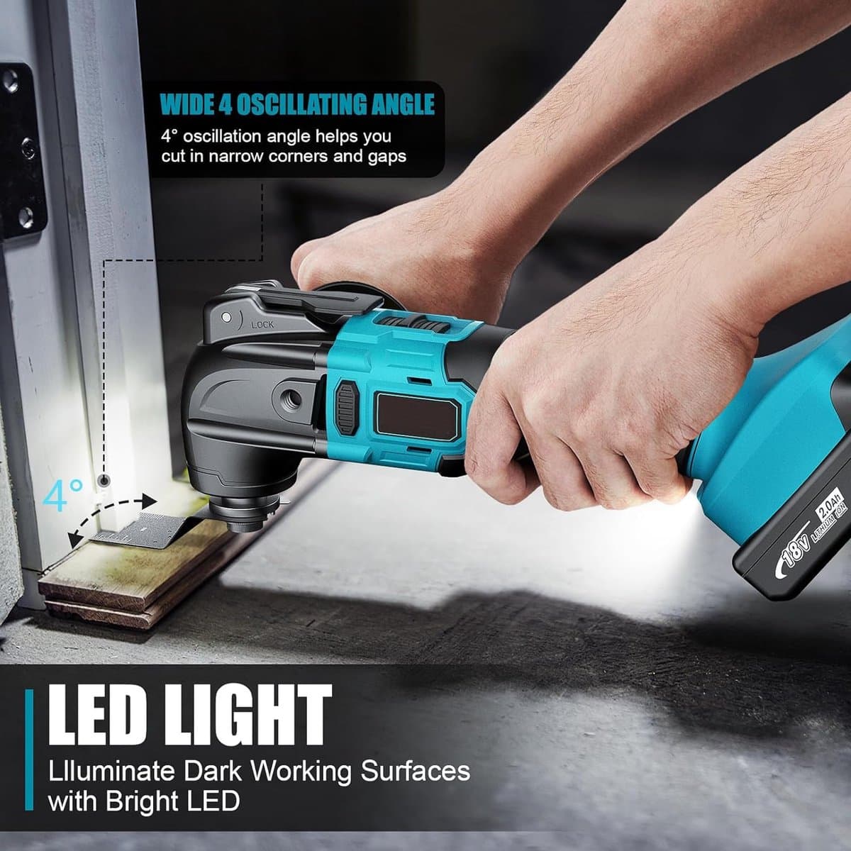 Instava Multitool Accu 18V – Oscillerende Multitool – Met 1 Accu – Multitool Set – Makita LXT Compatibel – Incl. 7 Opzetstukken & 15 Schuurvellen thumbnail 2