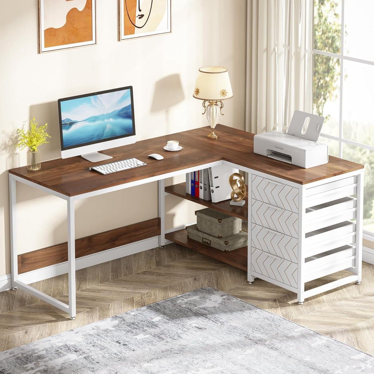 Tribesigns Bureau - L-Vormig Game Bureau met 4 Laden - 150 x 110 x 75cm - Bureau met Legplanken - Gaming Desk - Computer Tafel - Gaming Tafel - Bureau voor Gamen, Studeren en Werken - Wit / Okkernoot
