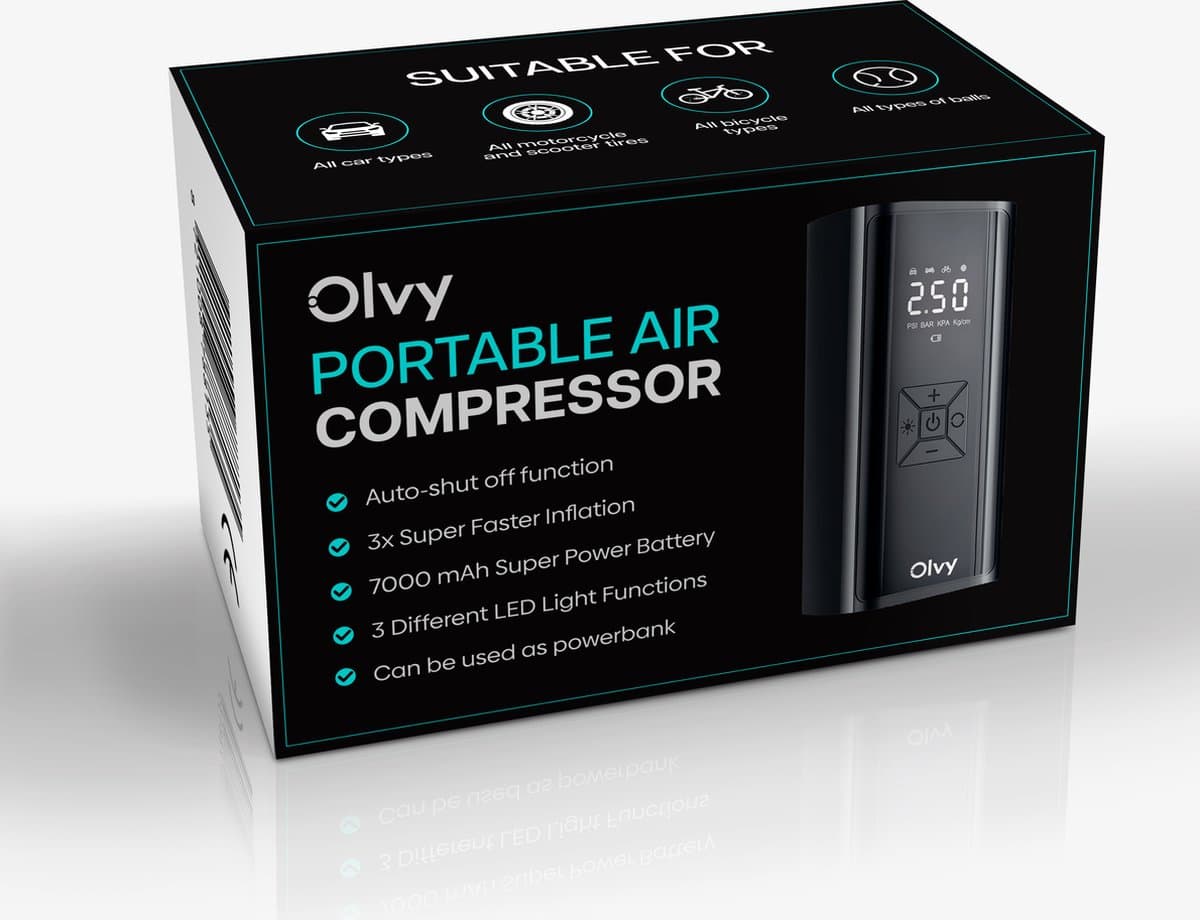 Olvy Compressor Bandenpomp - Draagbare Luchtcompressor - 7000 mAh - Elektrische Fietspomp - Fiets/Auto/Motor/Bal/Luchtbed thumbnail 7