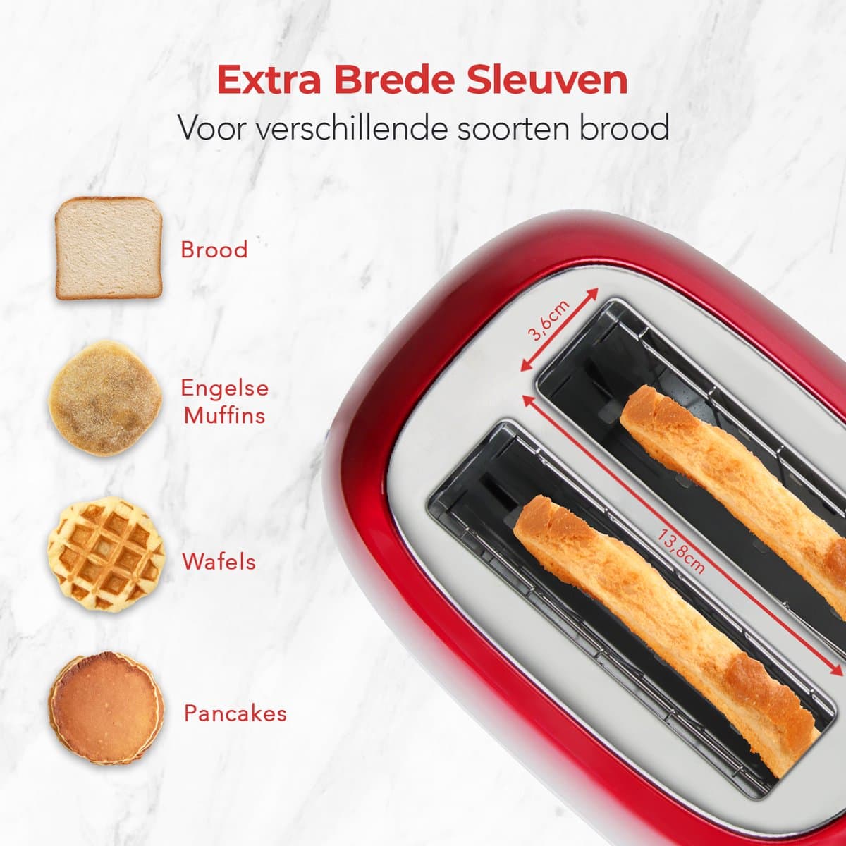 KitchenBrothers Retro Broodrooster - Toaster - 6 Warmteniveaus - 2 Extra Brede Sleuven - BPA-vrij - 815W - Rood thumbnail 4