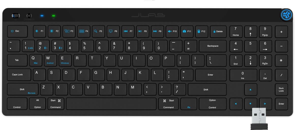JLab JBuds Draadloos Toetsenbord - Verbinden via Bluetooth of USB Dongle - Met Shortcuts - Stille toetsen - Smart media knop - Qwerty