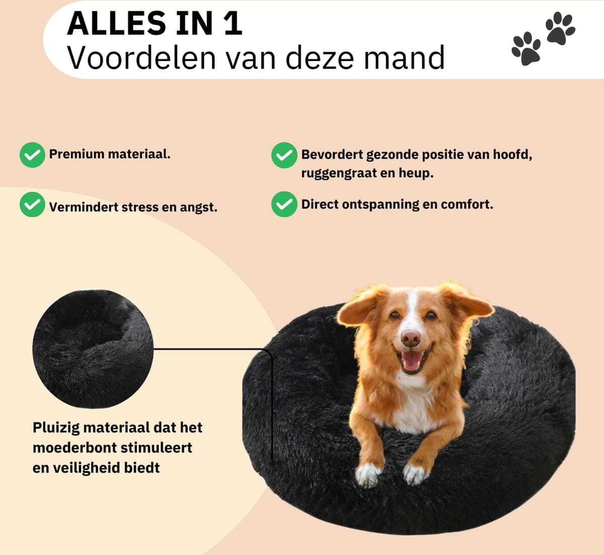 Donut Hondenmand - Kattenmand - Maat M - 60cm (ligvlak van 45cm) - Zwart - Fluffy en Wasbaar thumbnail 3