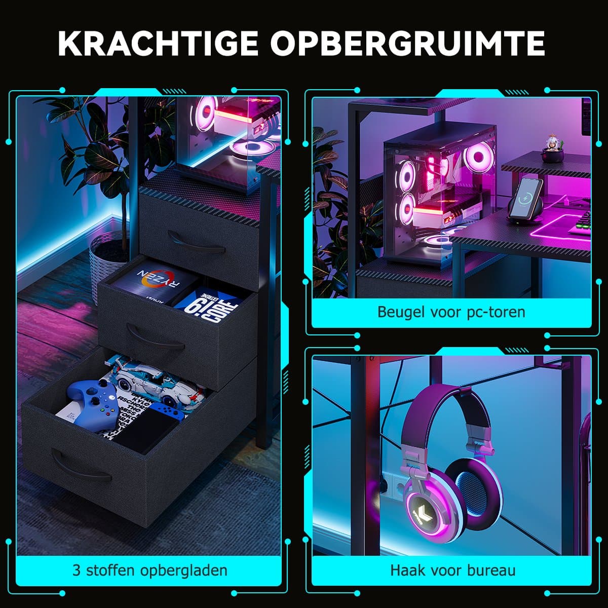 Gaming Bureau met LED Verlichting - 150L x 115H x50B cm - Hoekbureau met Stopcontact - 3 Non Woven Lade - Gaming Desk - Computer Tafel - Gaming Tafel - met Opbergplanken & IJzeren Haak - Zwart - Bureau voor Gamen, Studeren en Werken thumbnail 7