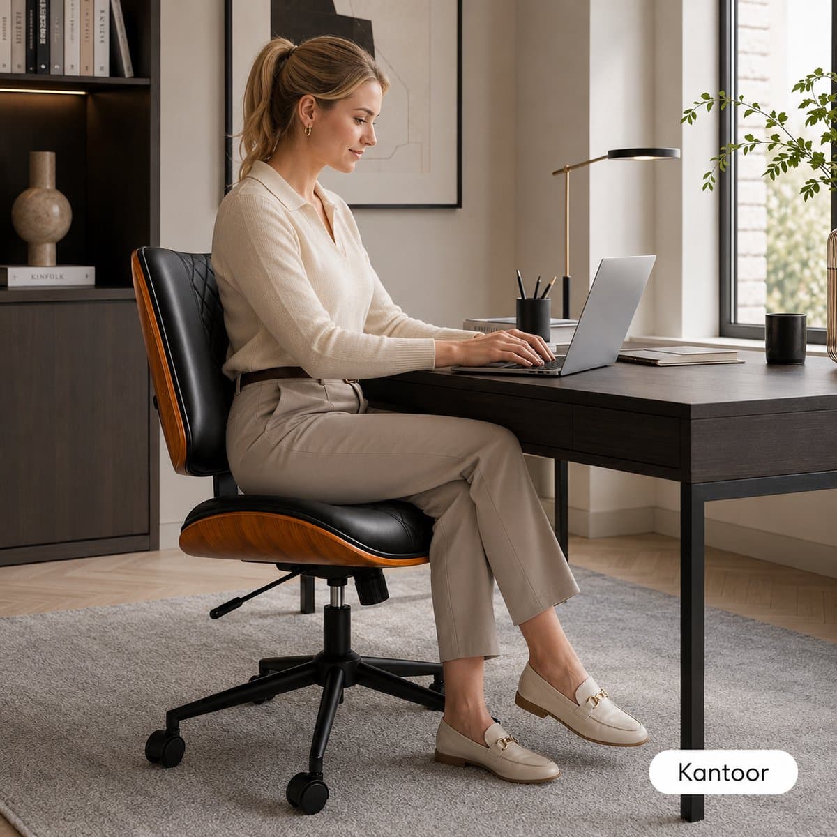 Durrafy Ergonomische Bureaustoel - Bureaustoel zonder Armleuningen - Bureaustoelen voor Volwassenen - Verrijdbaar & In Hoogte Verstelbaar - 360° Draaibaar - 90°-130° Kantelbare Rugleuning - PU-Kunstleer - Decoratieve Warmbruine Afwerking - Zwart thumbnail 8