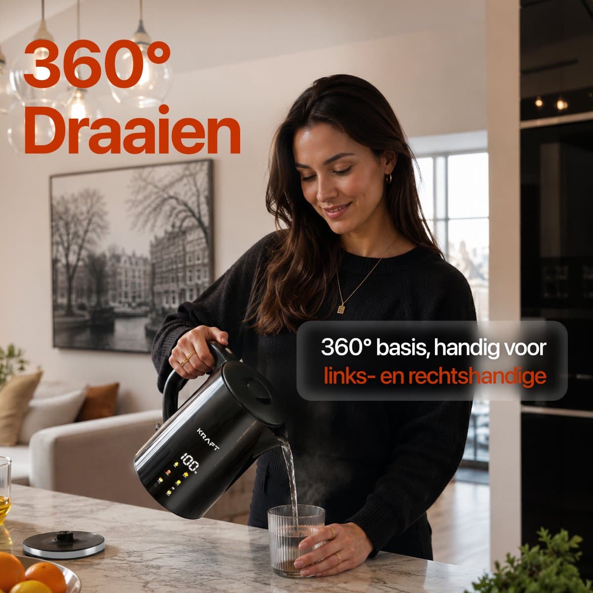 KRAFT Waterkoker met Temperatuurregeling - 1,7 Liter - LED Touch - Zwart - 2200W thumbnail 7