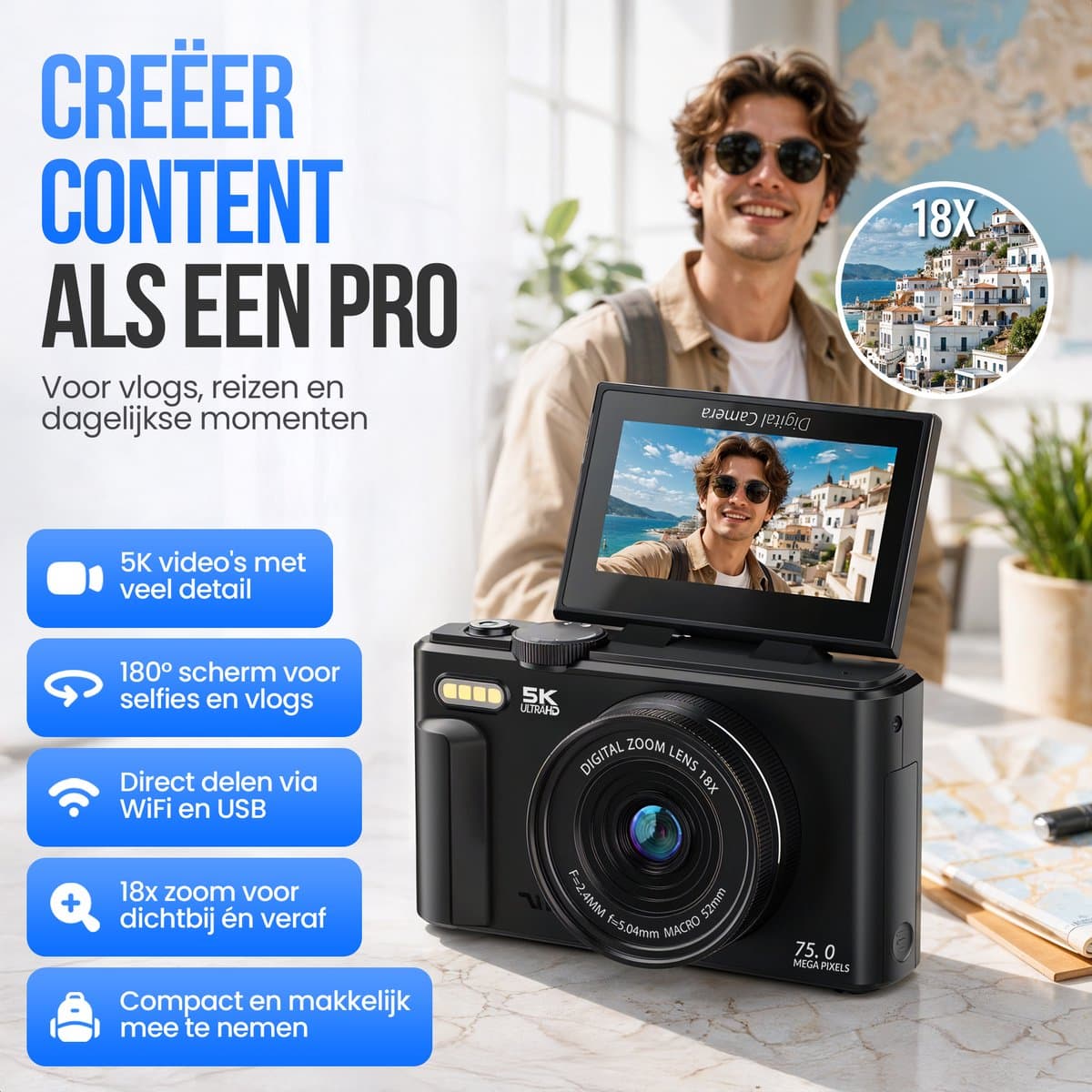 Strex Digitale Camera 5K 75MP - Fototoestel - Compactcamera met Wifi - Vlog Camera - Fotocamera voor Kinderen - 18x Zoom - Draaibaar Scherm - Zwart thumbnail 2
