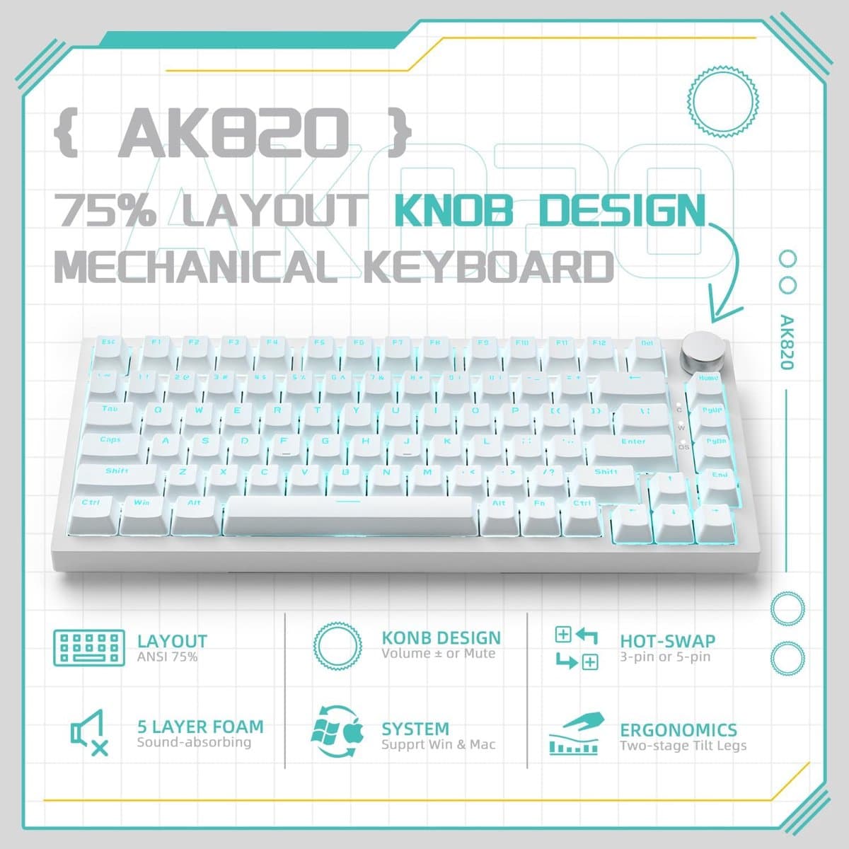 Ajazz AK820 – Mechanisch Toetsenbord 75% – Bedraad USB-C Gaming Keyboard – Hot Swap – Compact QWERTY – 82 Keys – Wit thumbnail 3