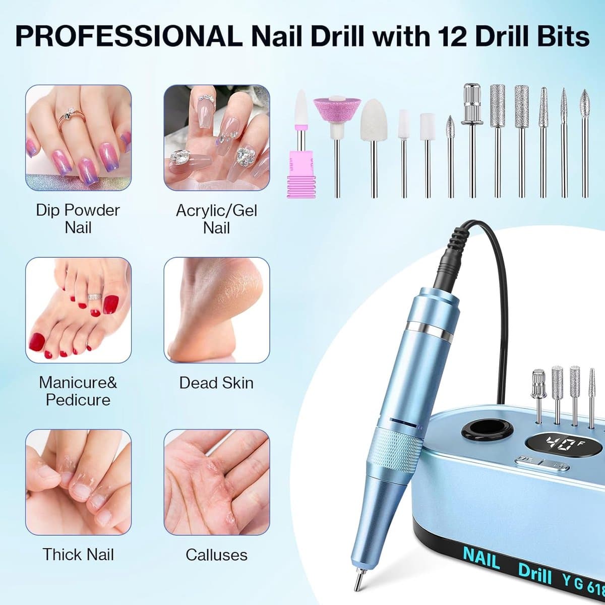 SnelShoppen - Professionele Nageldroger 40000RPM, Elektrische Nagelvijl voor Acryl en Gel Nagels, Multifunctioneel Nagelset met 12 Bits, Luminous Touc thumbnail 3