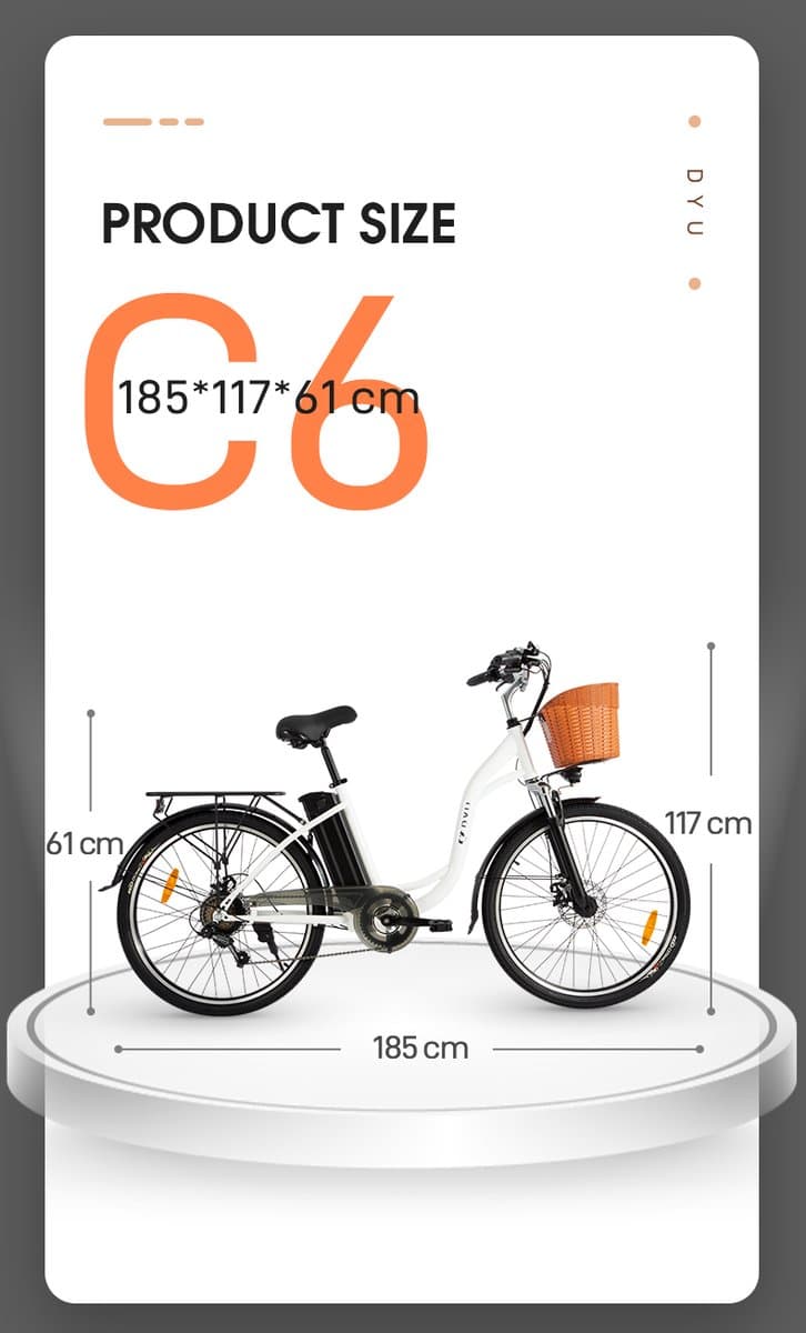 DYU C6 E-Bike - 26 inch - 43km actieradius - 250W motor - 36V 12,5Ah accu - Dubbele schijfremmen - Maximaal laadvermogen 120 kg - zwart thumbnail 8