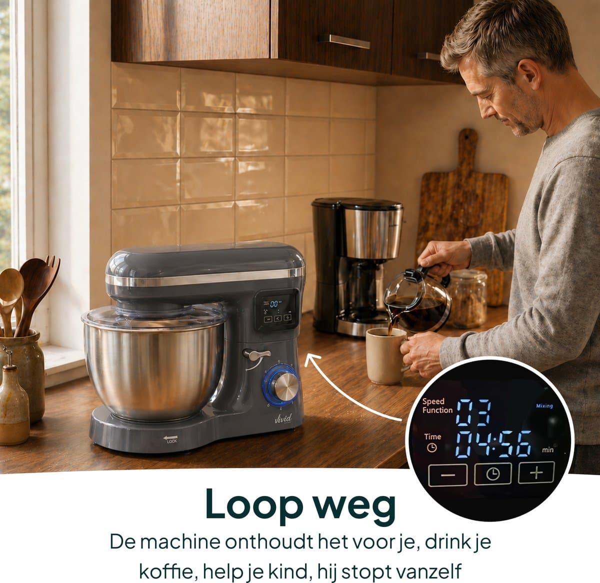 Vivid Green 2000W Keukenrobot - 6.2L - Display & Instelbare Timer - Mixer met Mengkom - Keukenmachine - Keukenmixer - Grijs thumbnail 6