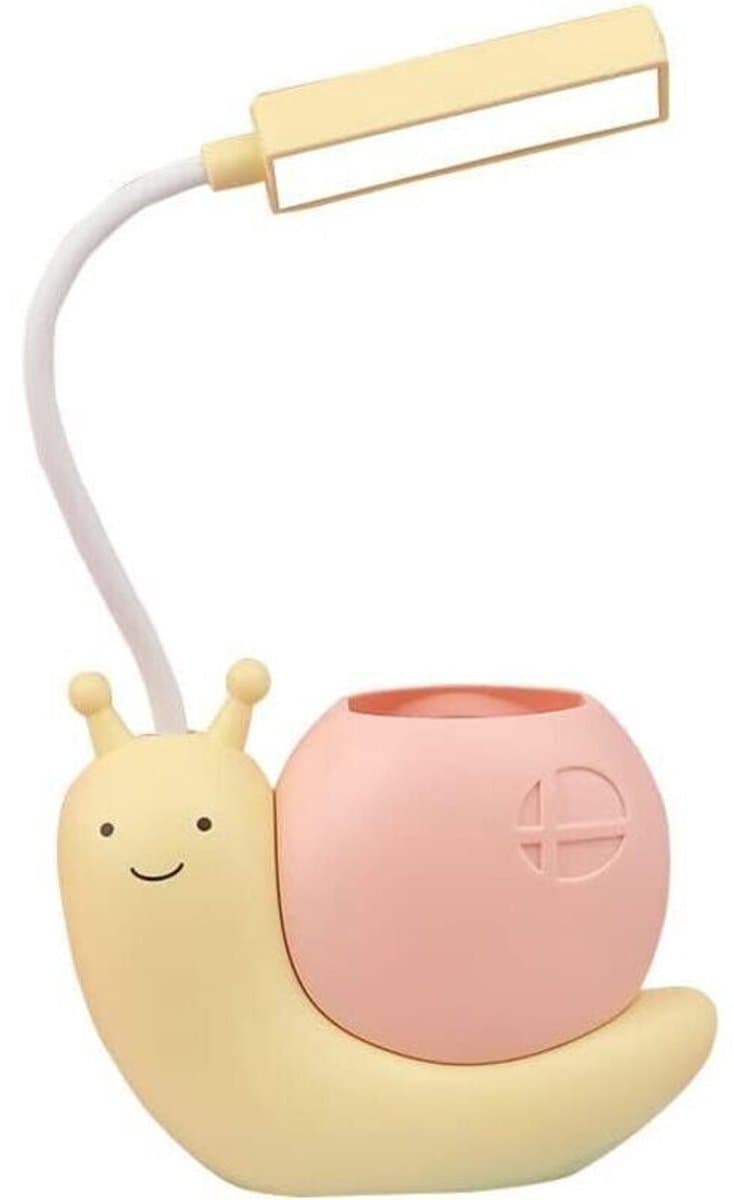 Kinder LED-bureaulamp, slakvormig, met USB-penhouder, beschermt ogen en nek, 360° verstelbaar, geel.