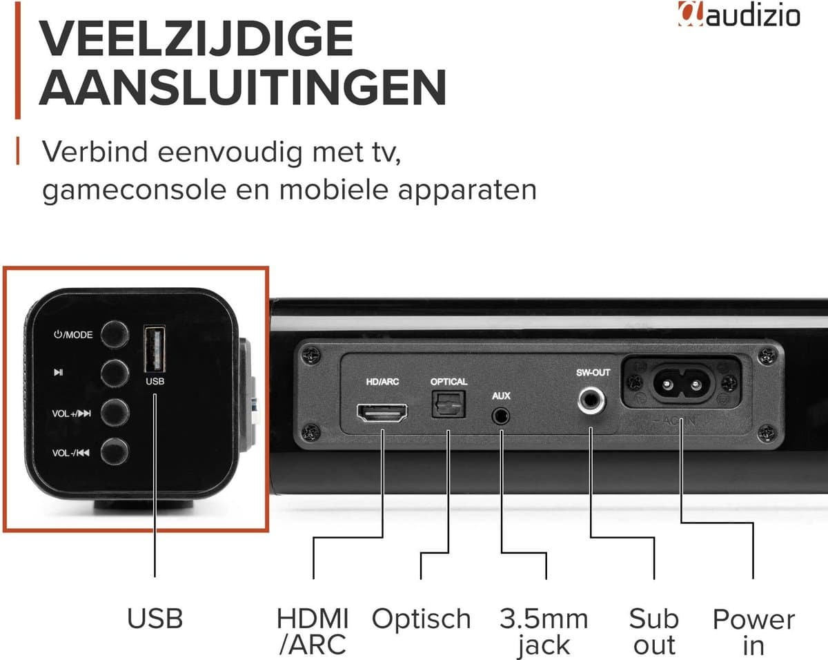 Soundbar - Audizio SB82S - HDMI-ARC - Bluetooth - 120 Watt - Optisch - Soundbar met subwoofer thumbnail 8