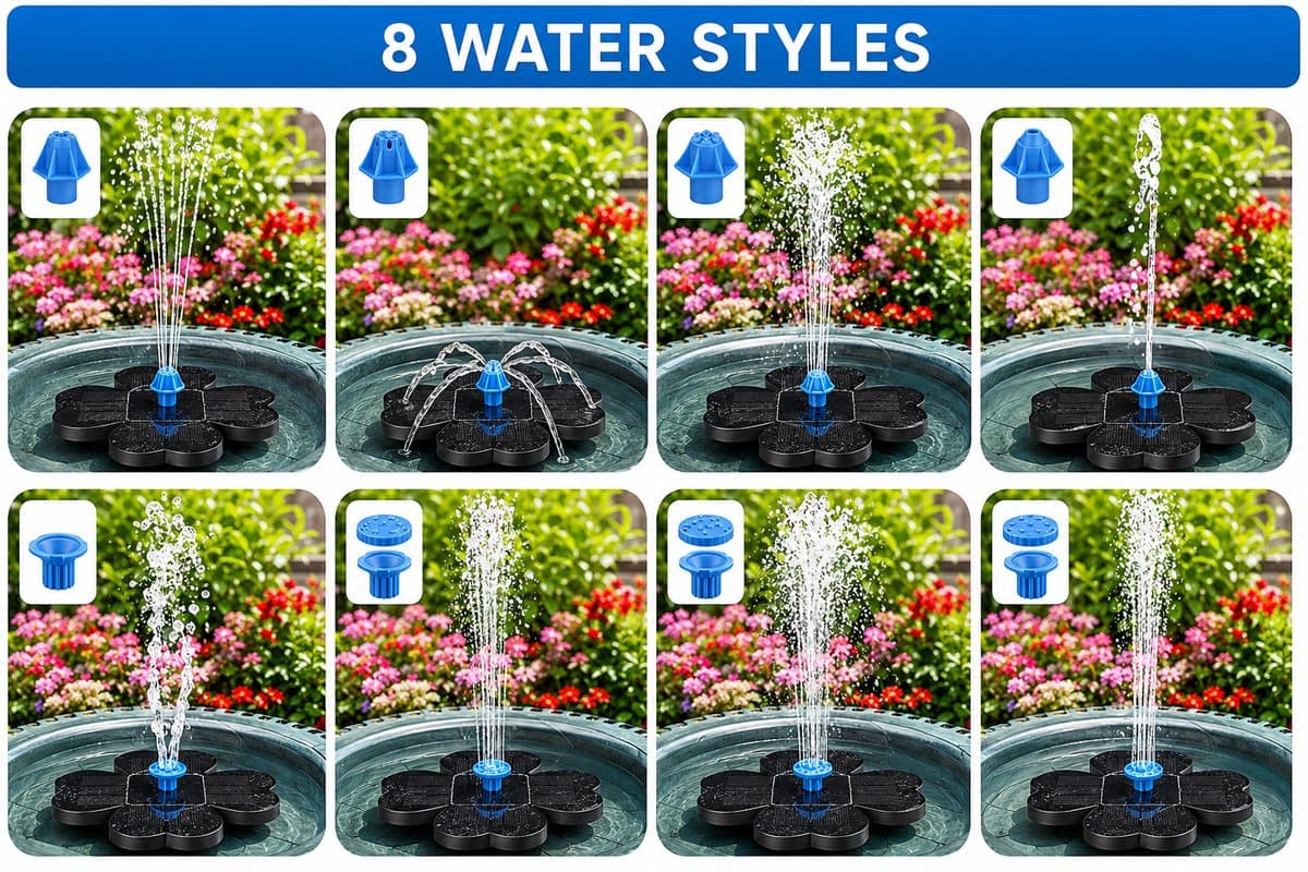 Zonnefontein voor Vogelbad - Solar Fonteinpomp met 8 Sproeikoppen en Verstelbare Paal - Automatische Waterpomp voor Vijver en Tuin - Inclusief Filterwatten - Zwart thumbnail 6