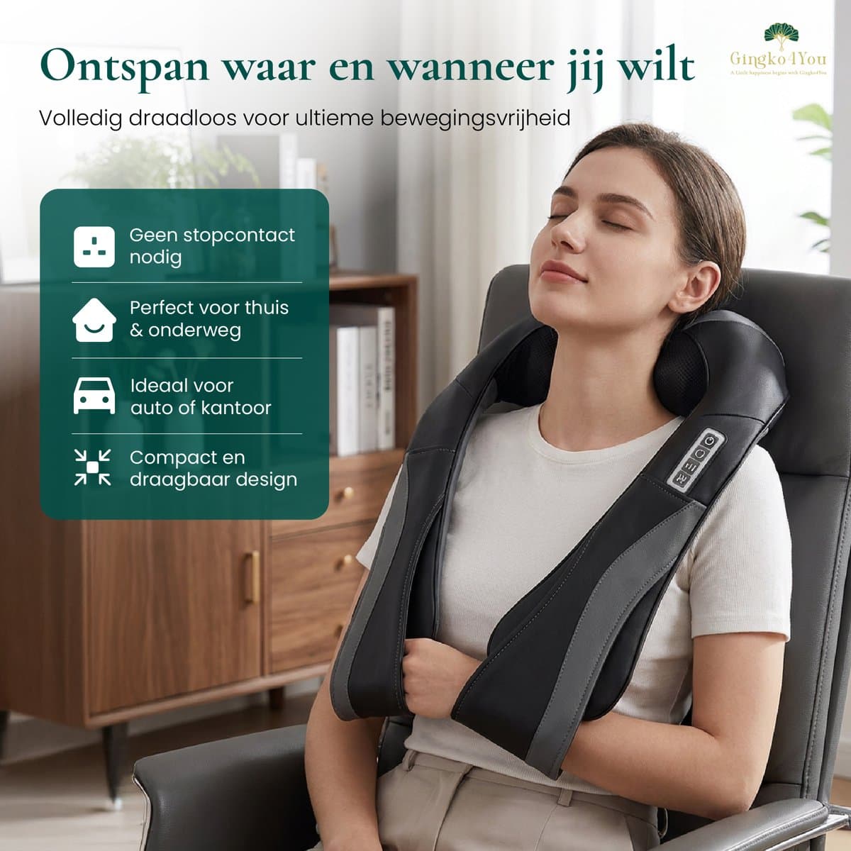 Gingko® Zen Shiatsu Massagekussen - Nekmassage Apparaat Draadloos - Infrarood Warmtefunctie - Elektrisch - Rugmassage Apparaten voor Nek, Schouder, benen, voeten, buik - 8 Massagekoppen met Infrarood - 1,5 uur gebruik - Luxe Opbergtas - Zwart/Grijs thumbnail 2