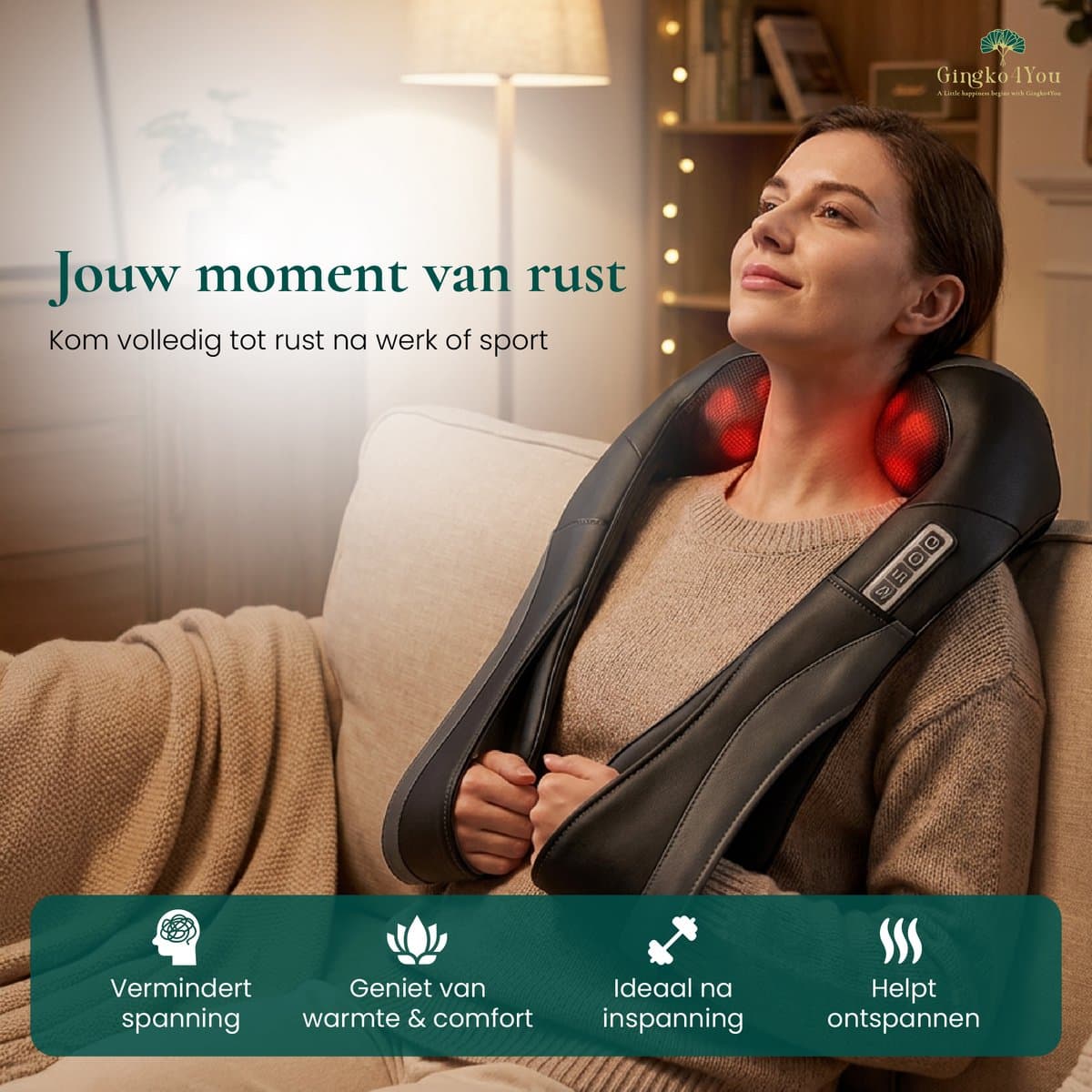 Gingko® Zen Shiatsu Massagekussen - Nekmassage Apparaat Draadloos - Infrarood Warmtefunctie - Elektrisch - Rugmassage Apparaten voor Nek, Schouder, benen, voeten, buik - 8 Massagekoppen met Infrarood - 1,5 uur gebruik - Luxe Opbergtas - Zwart/Grijs thumbnail 6