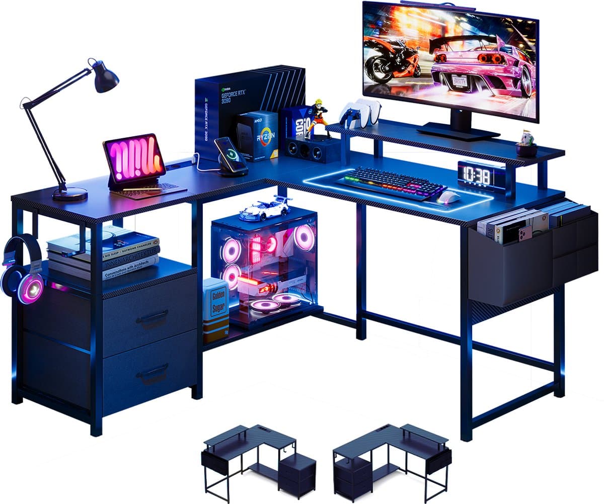 Gaming Bureau met LED Verlichting - 120x120x75cm - L-Vormig Game Bureau met Stopcontact - 2 Non Woven Lade - Gaming Desk - Computer Tafel - Gaming Tafel - Bureau voor Gamen, Studeren en Werken - Zwart