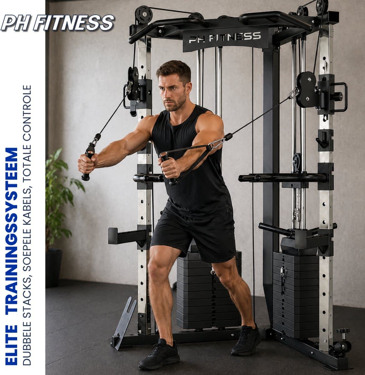 PH Fitness V-Frame Cable Crossover – Dubbele Pulley Krachtstation – 160KG Gewichtstapels – Full Body Rack – Compact & Professioneel – Home Gym thumbnail 3