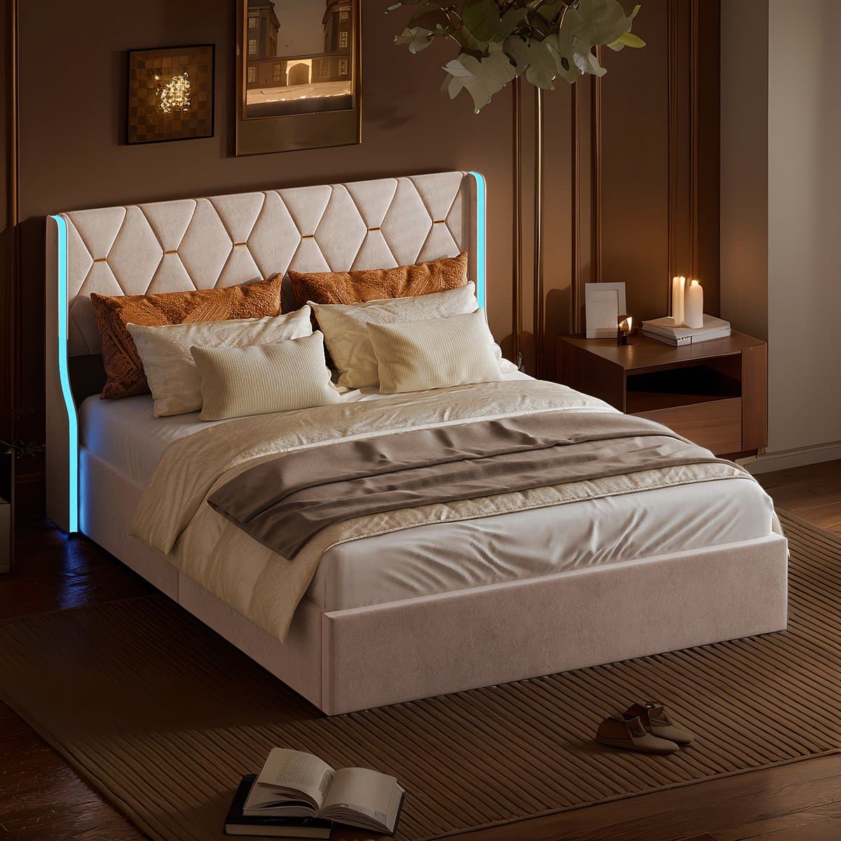 Hydraulisch Opbergbed 160x200 cm - Beige Fluweel met RGB LED en Grote Opbergruimte thumbnail 3