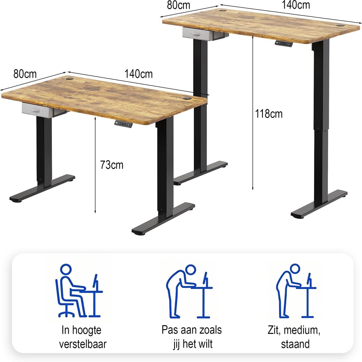 Devoko Zit-Sta Bureau 140x80 cm - Elektrisch Verstelbaar Bureau - Met Stoffen Lade - Zit-Alarm - Digitaal Display - USB - Bruin thumbnail 2