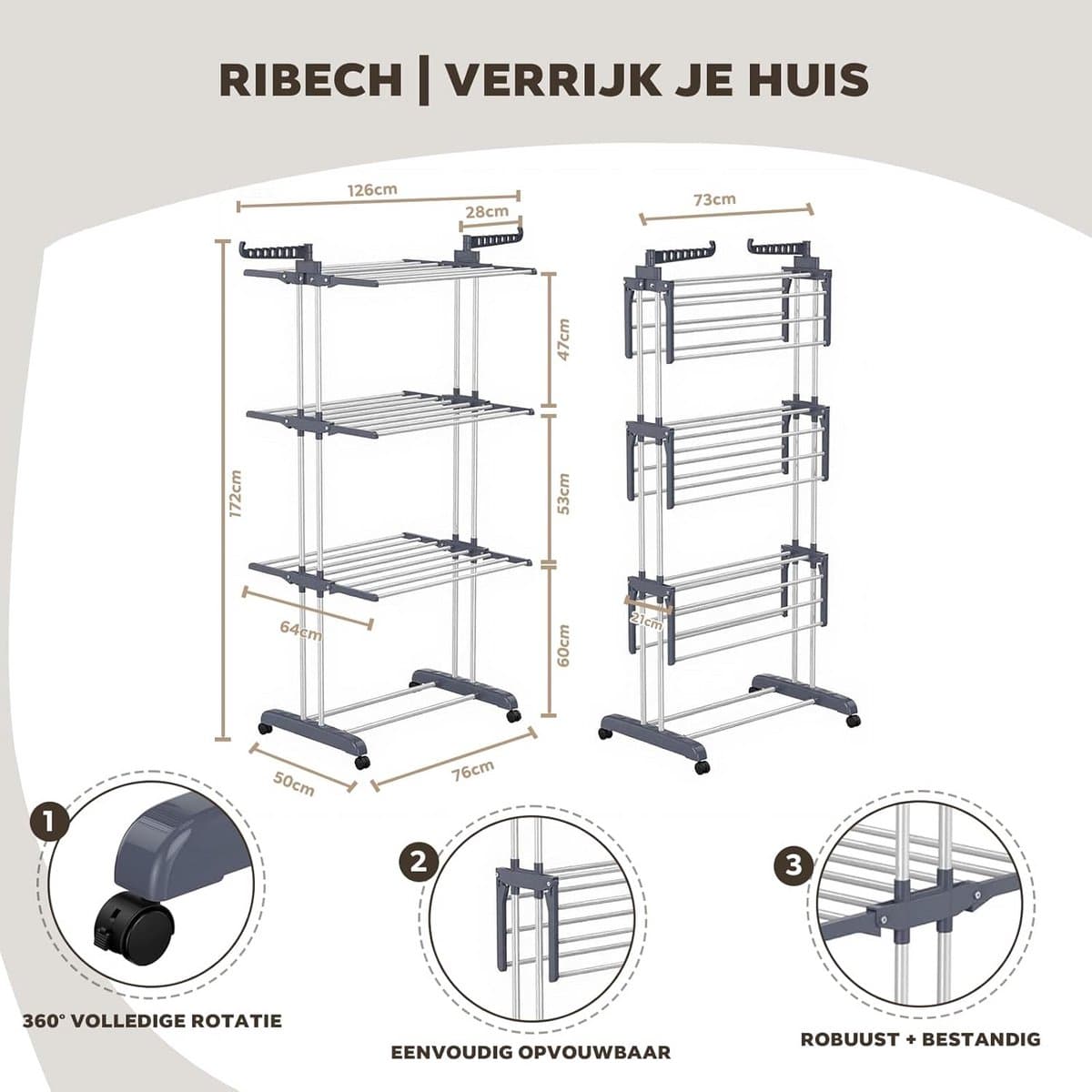 Wasrek Toren - Droogrek Vloer - Kleding Drogen - 4 Lagen Stabiliteit - 76x50x172cm - Grijs thumbnail 4