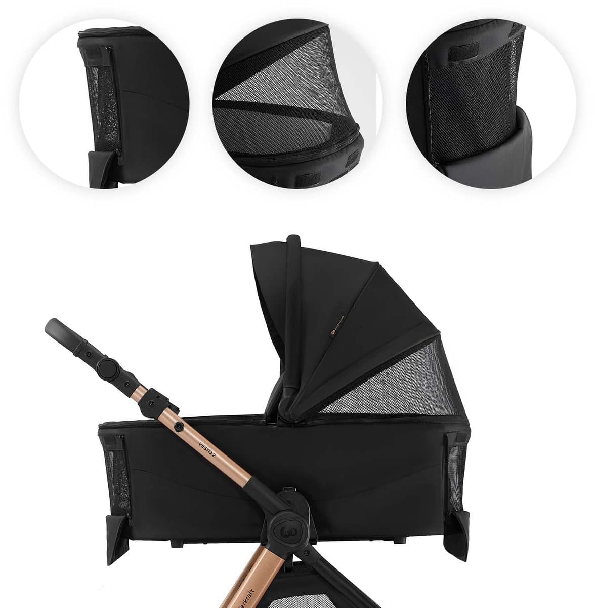 Kinderkraft VESTO 2 – 3-in-1 kinderwagen – MINK PRO 2 autostoel + adapters – Omkeerbare zitting – Reiswieg EN1466 – Zwart thumbnail 2
