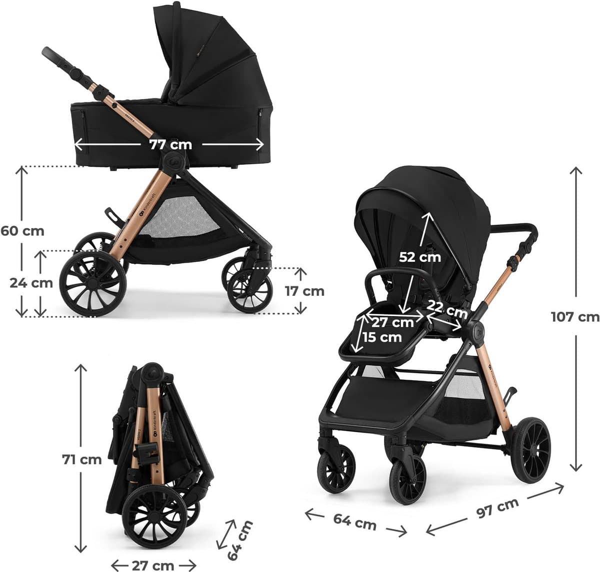 Kinderkraft VESTO 2 – 3-in-1 kinderwagen – MINK PRO 2 autostoel + adapters – Omkeerbare zitting – Reiswieg EN1466 – Zwart thumbnail 5