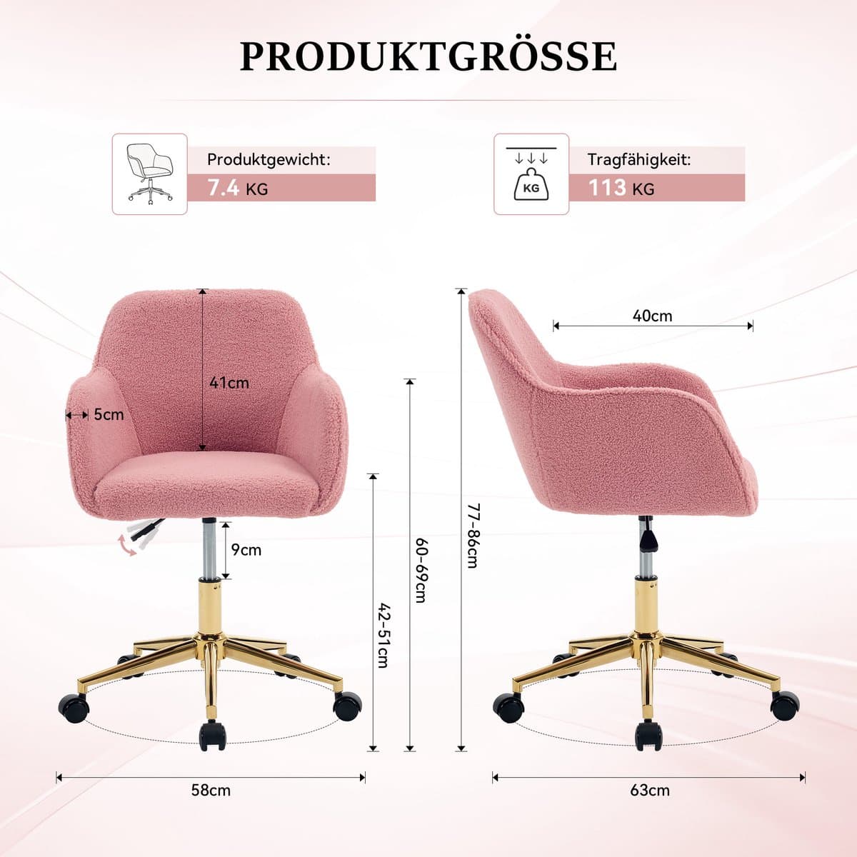 MIVRAY Bureaustoel - Verstelbaar 360 Graden Draaibaar Met Zachte - Voor Thuiswerk En Kantoor - 58 x 58 x 86 cm - Teddy Bekleding - Roze thumbnail 8
