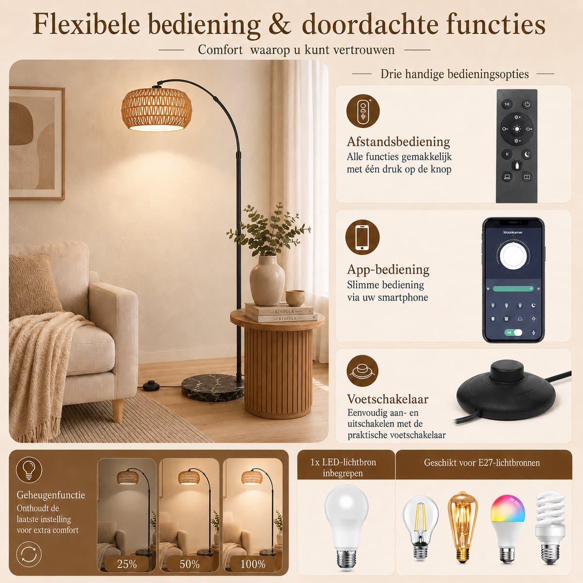 MUPOO Boho Rotan vloerlamp Booglamp 185cm-Staande Lamp Dimbaar met APP Afstandsbediening -booglamp met 360° Draaibare Arm & Hoogte Verstelbaar en Voetschakelaar -Sfeerverlichting leeslamp staand voor Woonkamer Slaapkamer Kantoor thumbnail 5