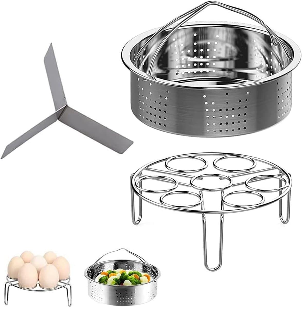 3-Delige Stoompan Accessoireset voor 21 cm Instant Pot - RVS Stoommand, Eierrek en Divider
