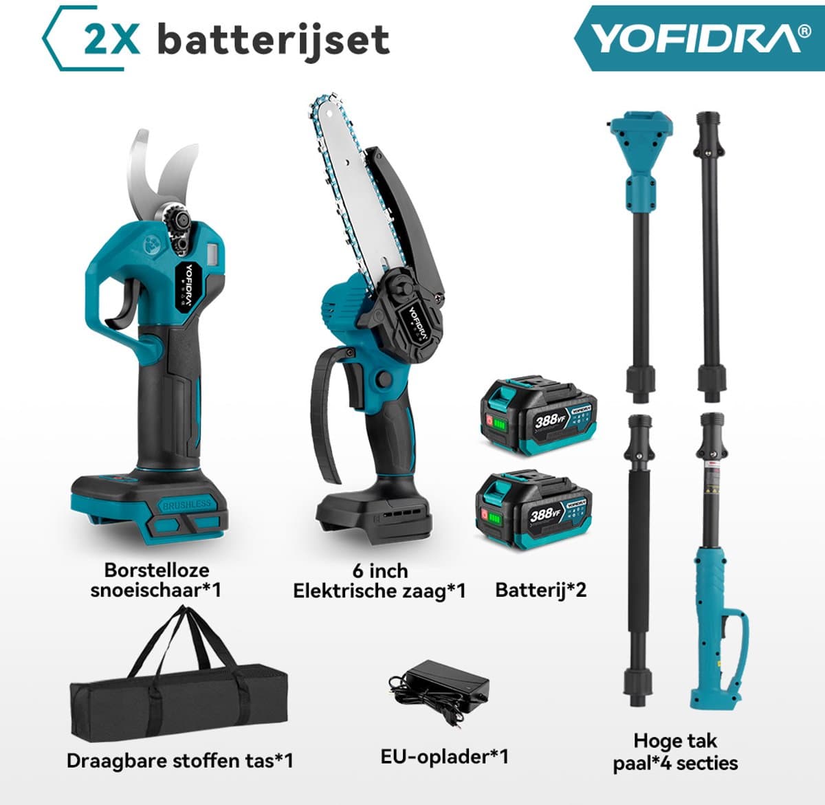 Yofidra Accu Hoogsnoeier - 4-in-1 Hoogsnoeier Kettingzaag + Telescopische Steel - Elektrische Snoeischaar - 1 m tot 2 m - Brushless - Met 2 Accus - voor boomtakken, houtzagen thumbnail 3