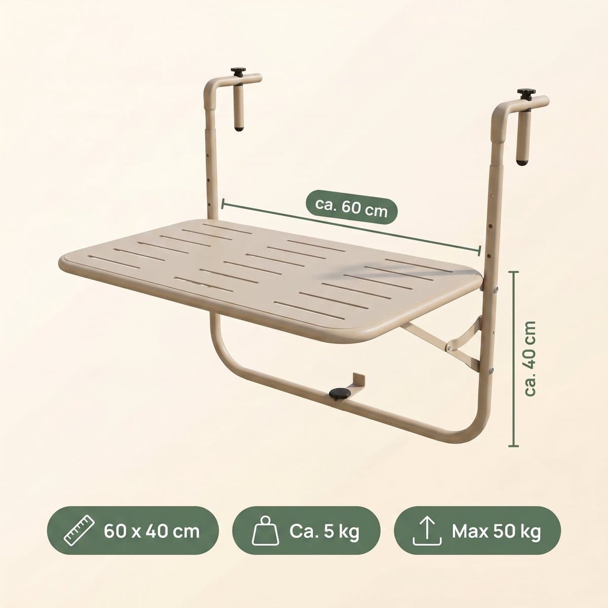 Lomera Balkontafel Hangend - Inklapbaar - Hangtafel - Klaptafel - Balkon Tafel voor Reling - in Hoogte Verstelbaar - Opklapbaar - Balkonbar - Bijzettafel Buiten - Weerbestendig - Tuintafel - Mat Beige thumbnail 6