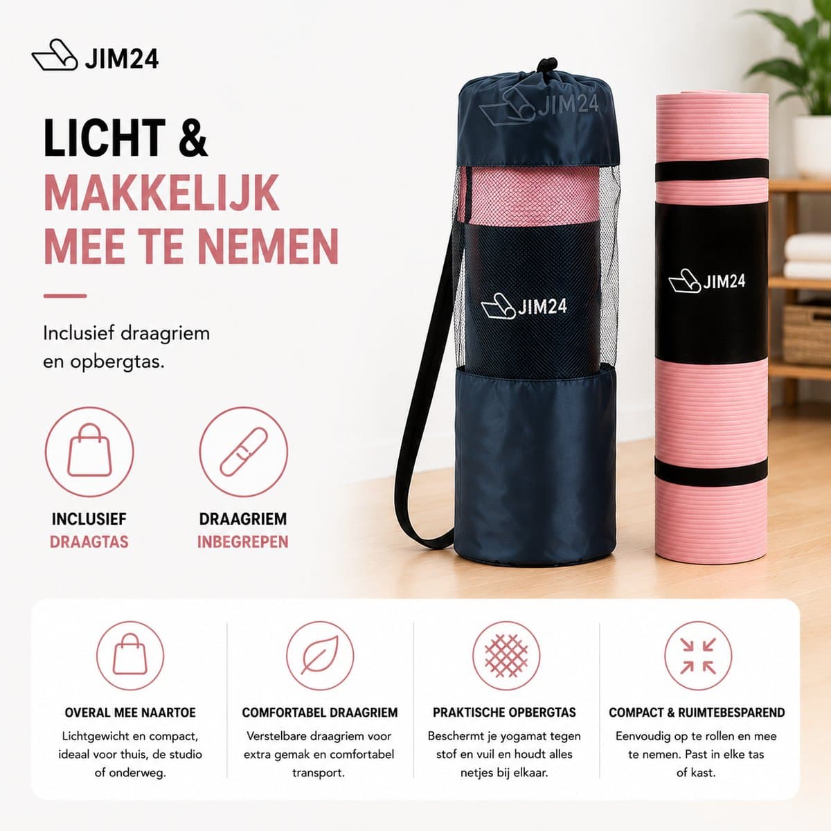 Jim24 Yoga Mat - Yogamat Extra Dik - 15 mm - Fitness Mat - Sport Mat - Antislip - Slijtvast - Incl. Draagtas - DonkerZalm thumbnail 7