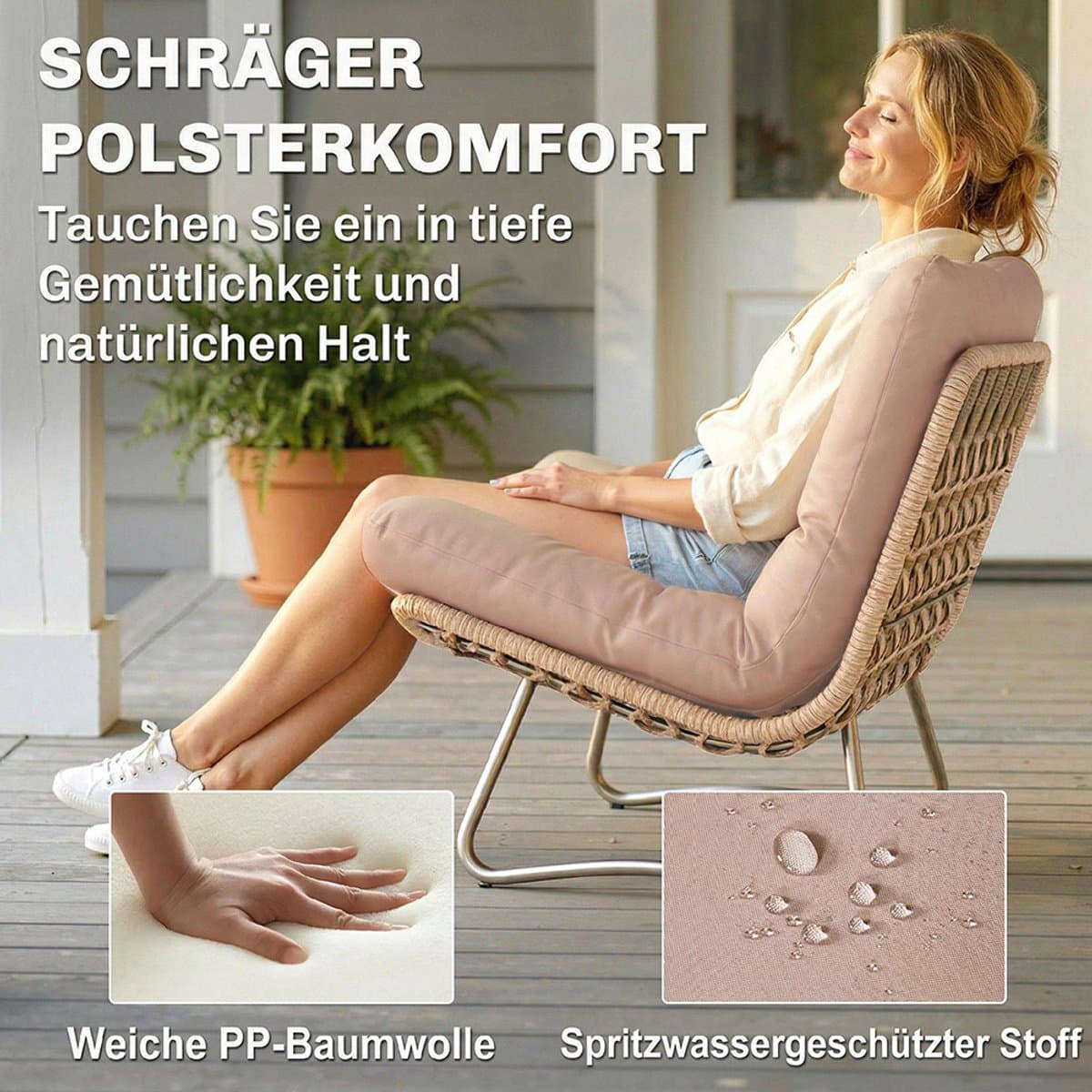 Pugsdrly Tuinset 4-delig polyrotan loungeset met tweezitsbank, 2 fauteuils, glazen tafel, brede & diepe zitting, dikke kussens thumbnail 4