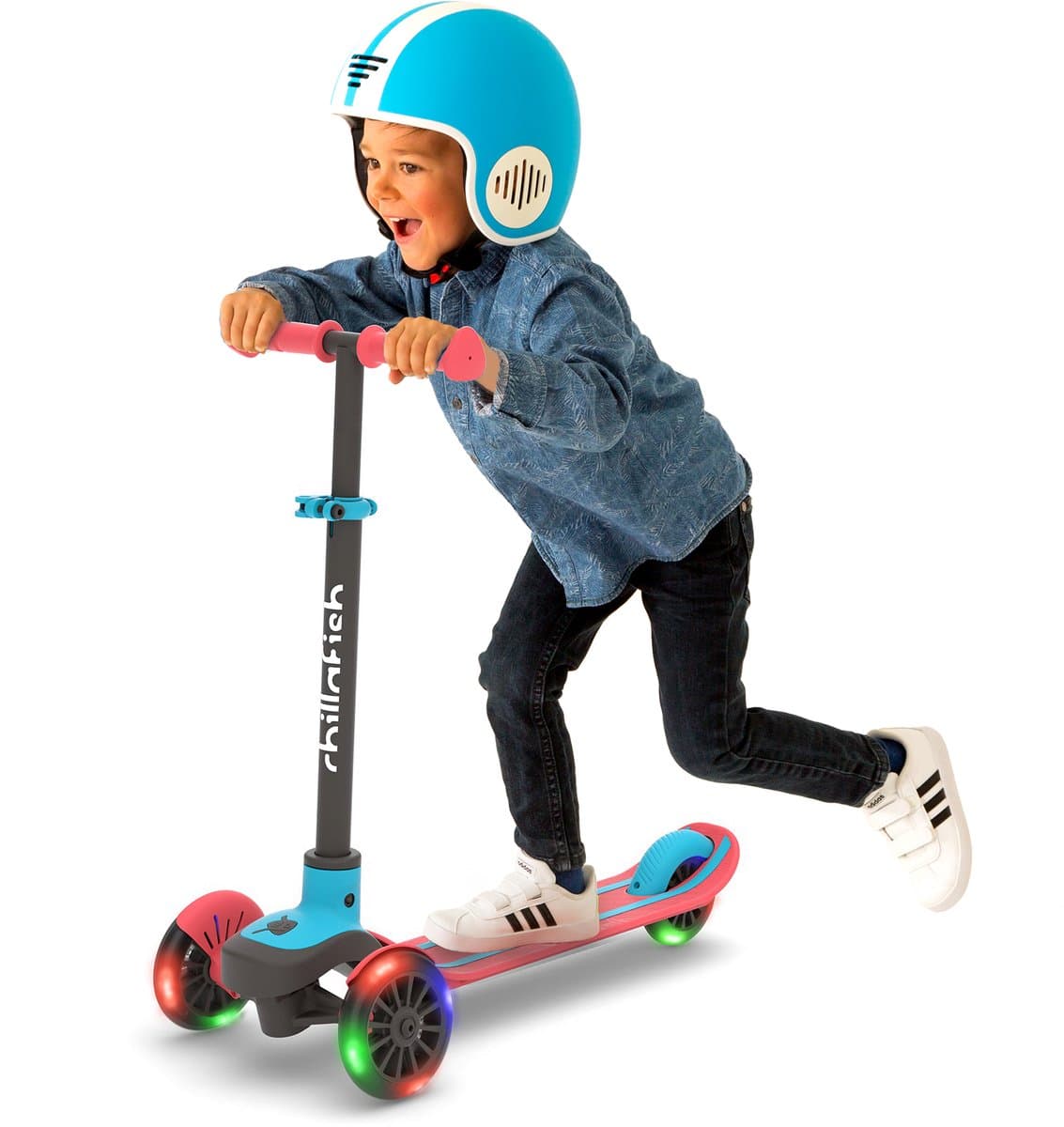 Chillafish Kinderstep 3 Jaar met drie LED wielen - Blauw Rood - Lichtgewicht Glow step jongens met afneembaar stuur en voetrem - Aanpasbaar in hoogte - Leun-om-te-sturen - Extra grip handgrepen - Geen batterijen nodig - Model Scotti Glow 3 thumbnail 6