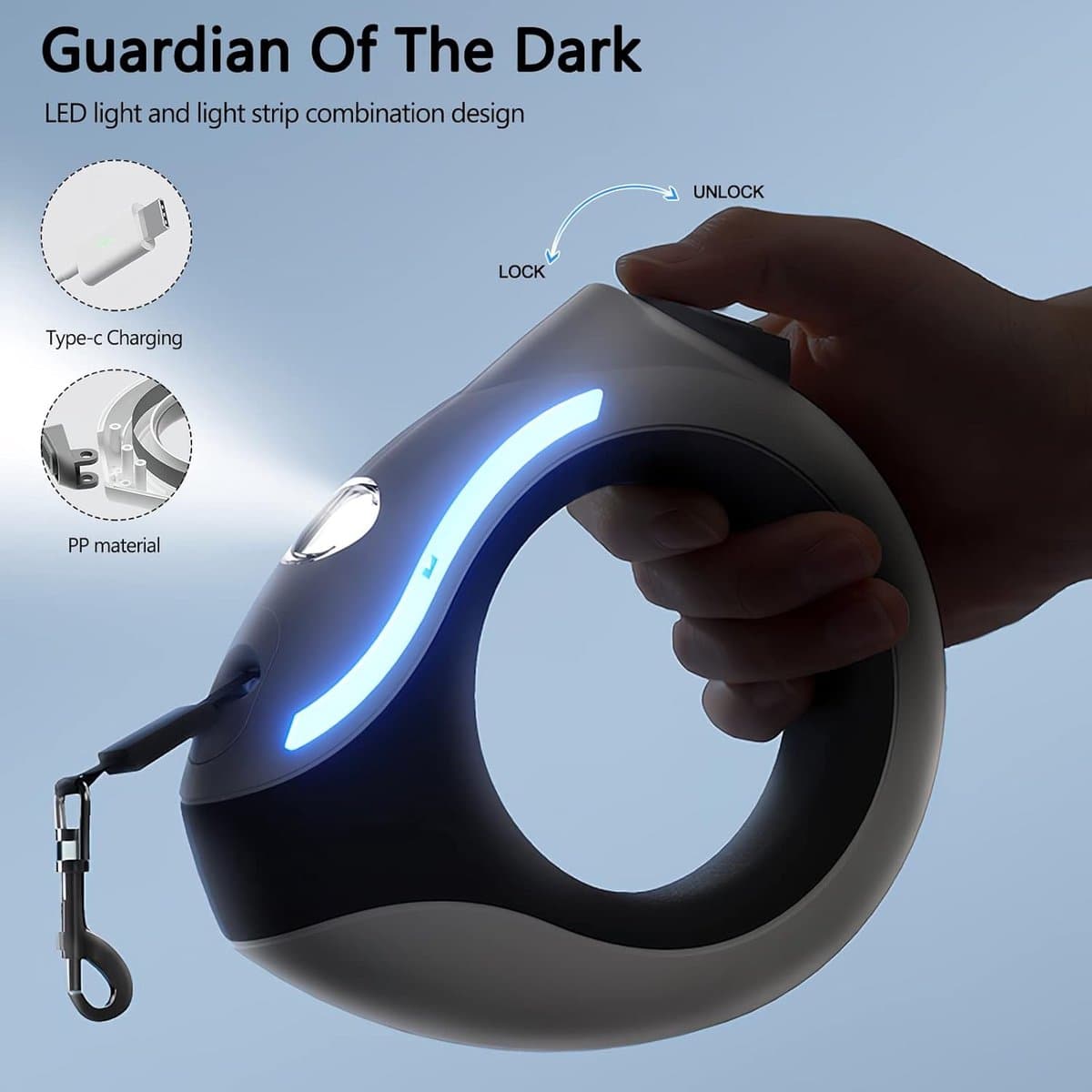 Sander Shop Intrekbare hondenlijn, 3m uitschuifbare hondenriem met led-zaklamp, rem met één knop en slot, uitschuifbare hondenriem voor honden tot 20 kg (groen) thumbnail 2