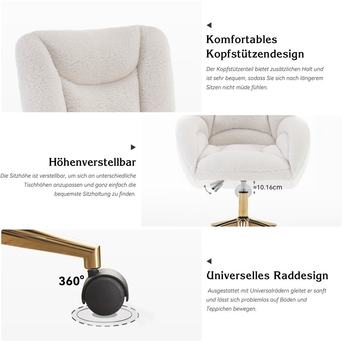 HAUSS SPOLE Bureaustoel – Teddy Draaistoel – Verstelbaar Hoogte & 360° Wieltjes – Ergonomisch Met Dik Schuim – Voor Thuiswerk En Gaming – Wit thumbnail 4