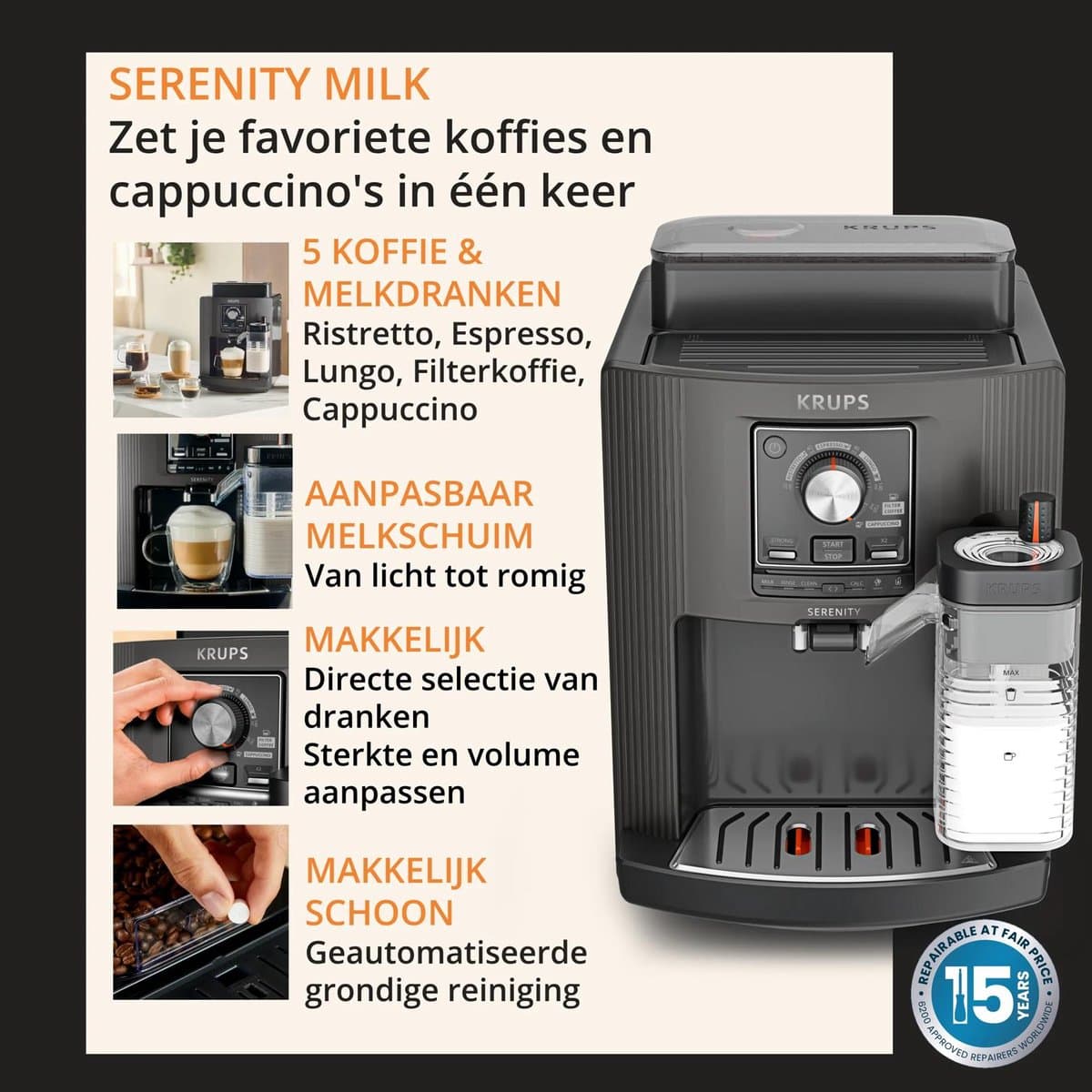 Krups Serenity EA402H - Volautomatische Espressomachine - Donkergrijs - Snel Opgewarmd - Compact thumbnail 7