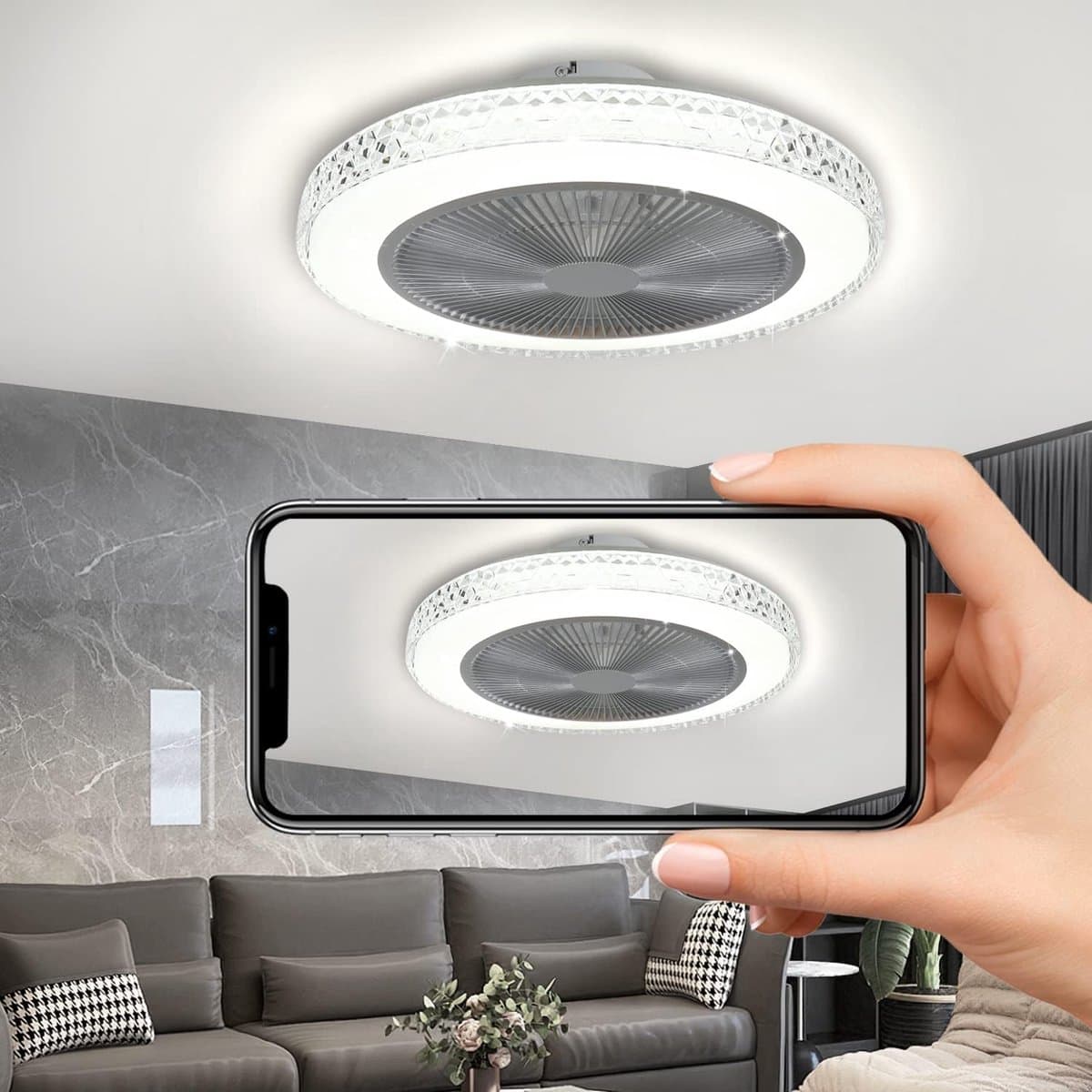 Glitzerlife-Plafond ventilator met verlichting – LED ventilator plafondlamp met afstandsbediening –Stille plafondventilator – Ø48,5 cm – dimbaar – kristal – zomer- en winterstand – voor woonkamer en slaapkamer thumbnail 7