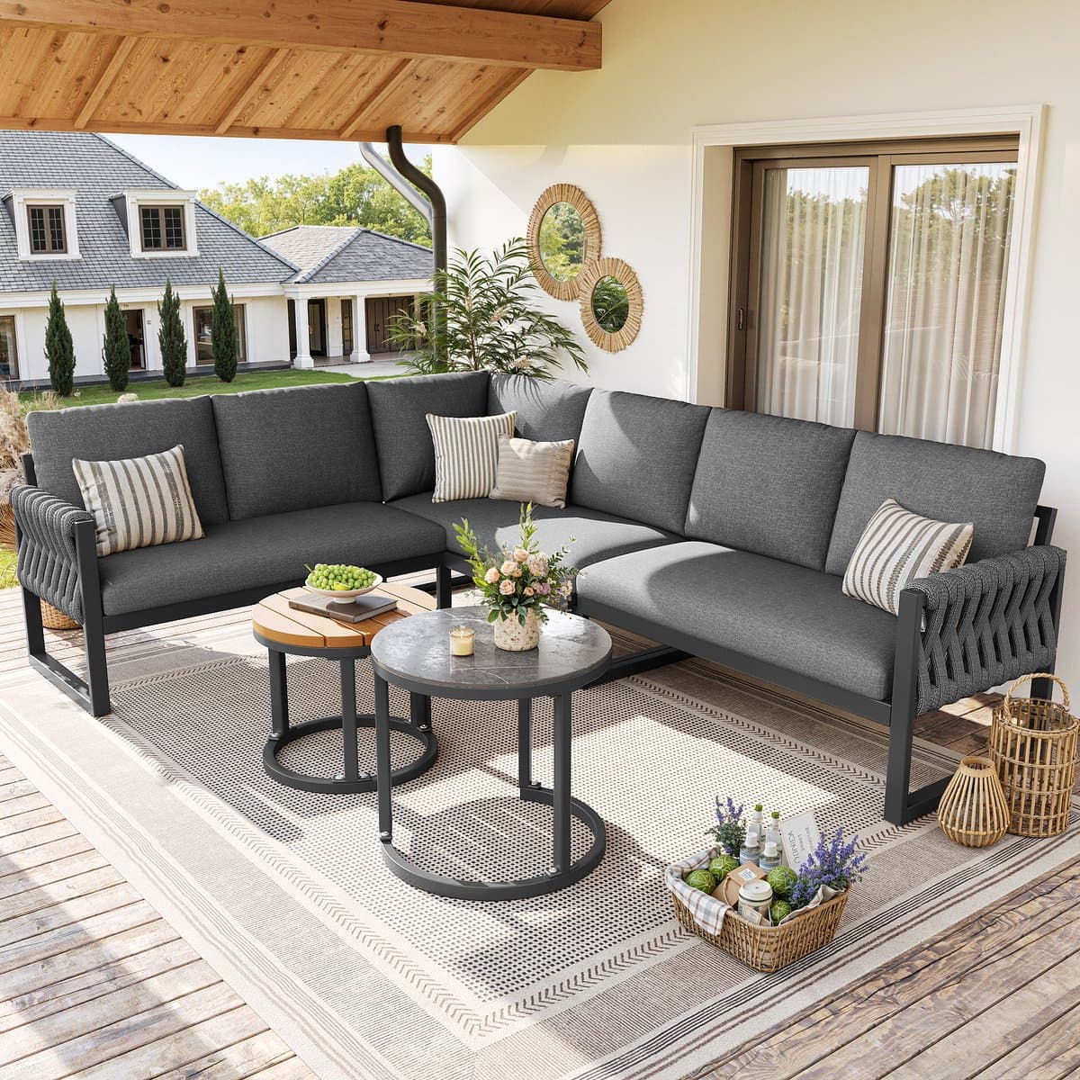 OKWISH Modulaire Tuinlounge Set Voor 5 Tot 6 Personen - Verstelbare Tafelpoten - Balkon Tuin Terras - Olefin - Grijs thumbnail 5