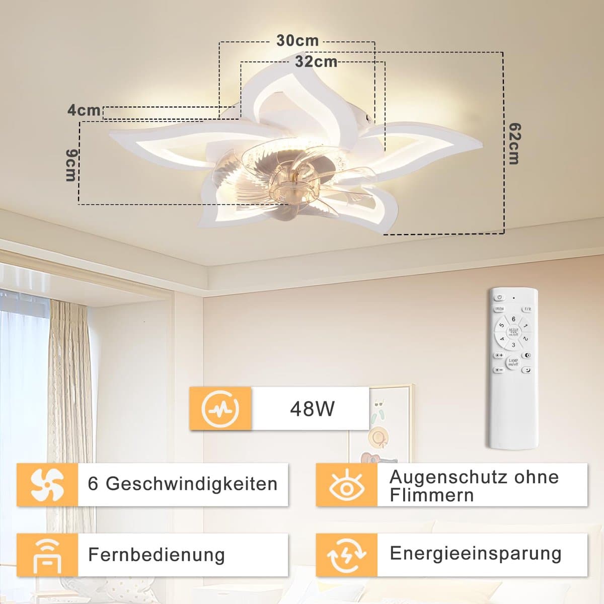 Glitzerlife - Plafond ventilator met verlichting - Dimbare LED ventilator lamp plafond - Stille plafondventilator - 3 kleurtemperaturen - 6 windsnelheden - Timer & nachtmodus - Ø62cm - Wit - Plafondlampen met ventilator woonkamer slaapkamer thumbnail 8