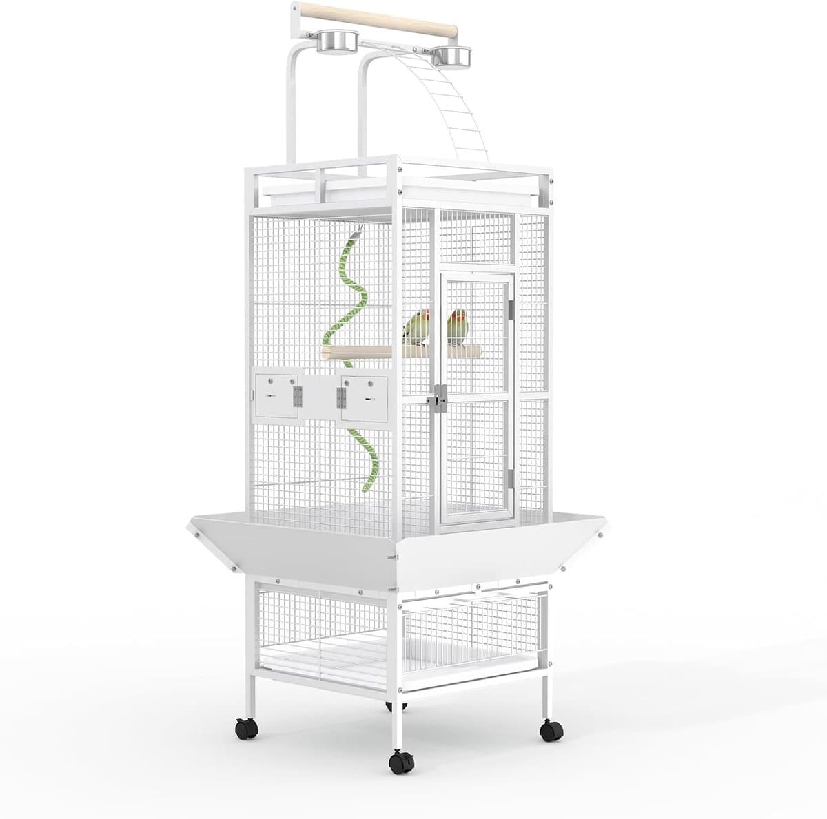 Grote Vogelkooi met Speeldak op Wielen - Papegaaienkooi & Parkietenkooi - Smeedijzer - Wit - 47x47x152 cm