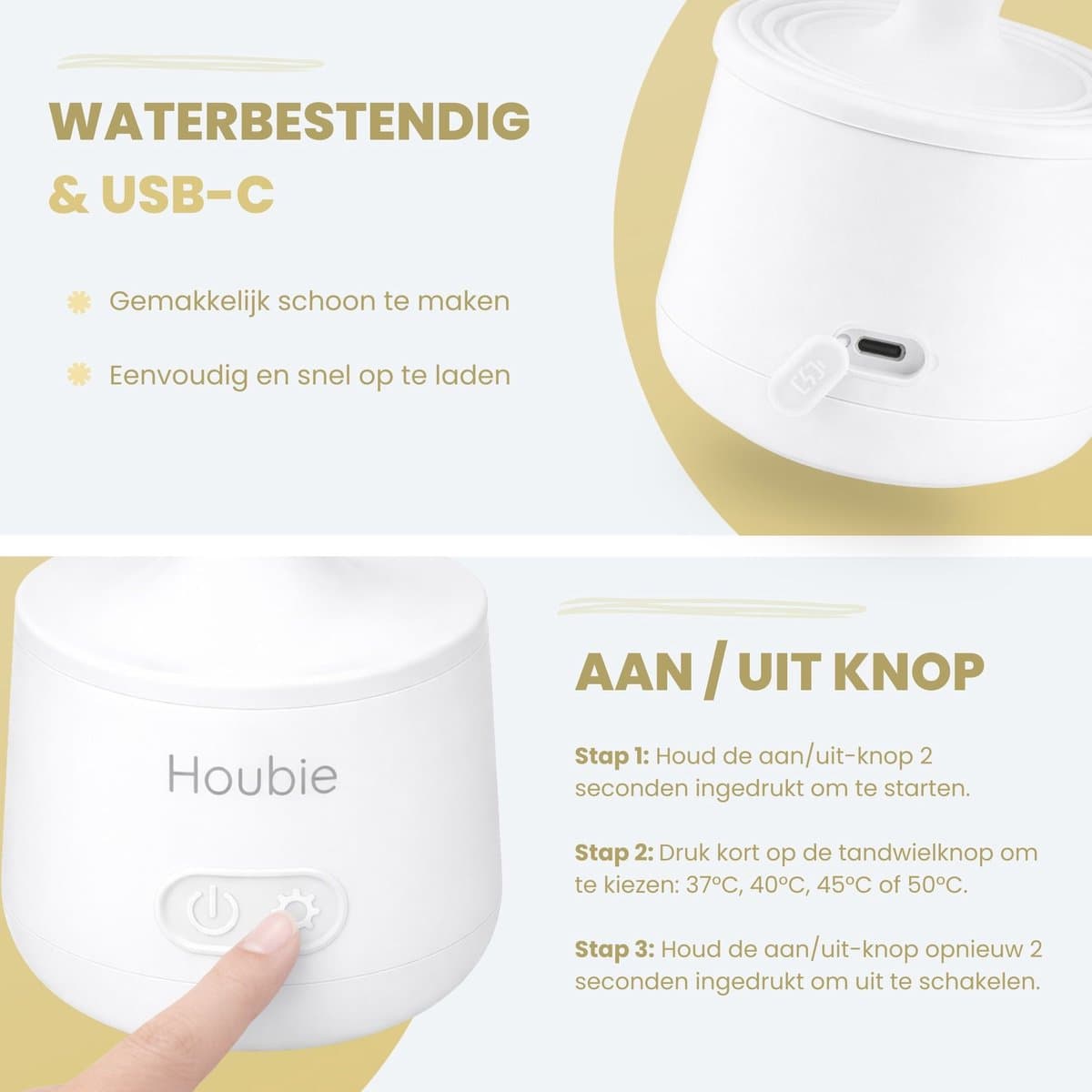 HOUBIE® Baby - Flessenwarmer onderweg - Draagbare flessenwarmer - Flessenwarmer draadloos - 4 Temperatuurniveaus - Draadloos - Inclusief 4 Adapters - USB Oplaadbaar - 9000 mAh - Wit thumbnail 2