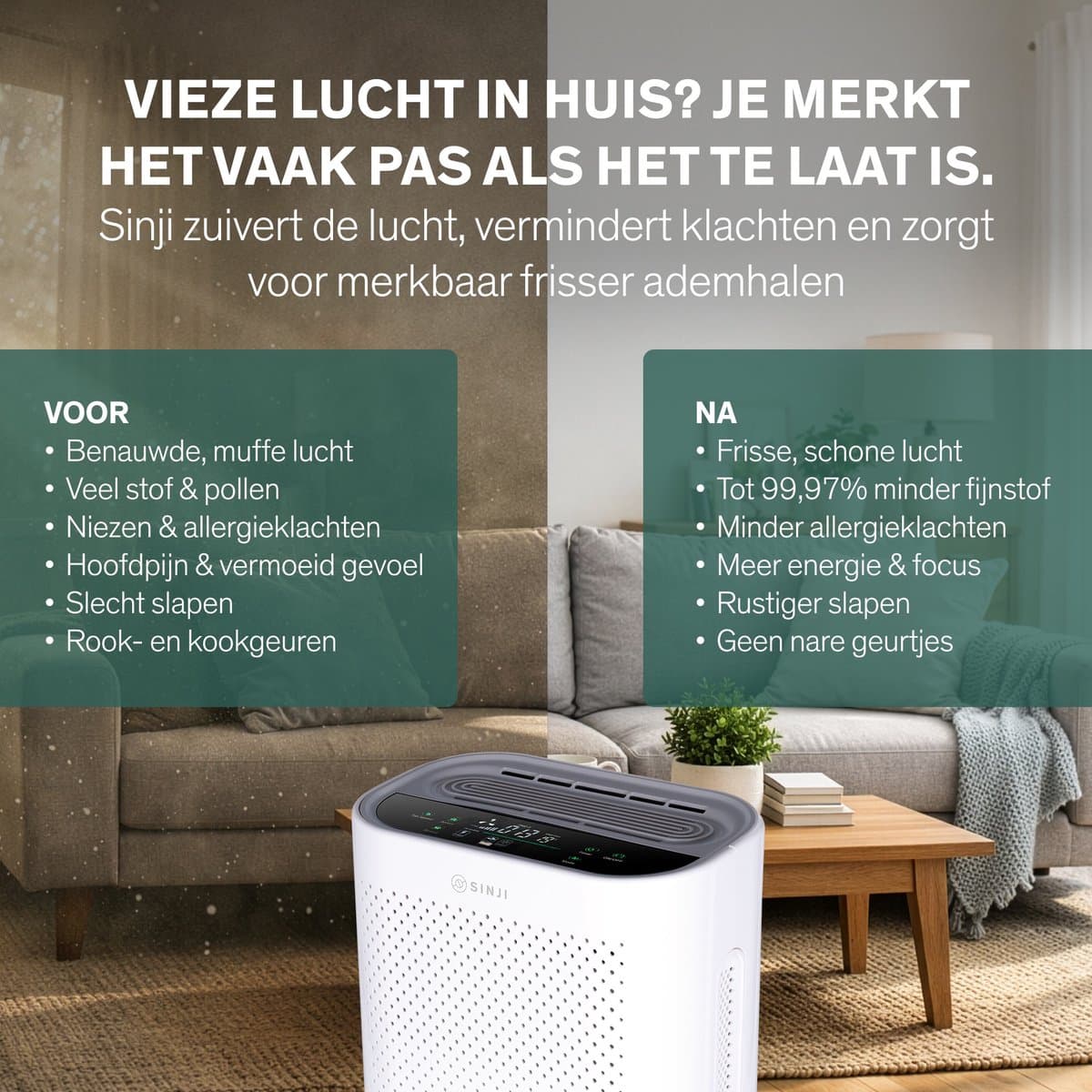 Sinji Luchtreiniger / Air Purifier – HEPA H13 + Koolstoffilter – 220 m³/u, voor ruimtes tot ca. 55 m² – Ionisatie – Afstandsbediening – Timer & Display – Helpt bij stof, pollen & huisstofmijt thumbnail 2