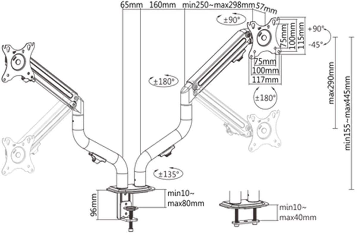 Gembird Verstelbare Bureau Monitorarm voor Dubbele Monitoren, 17–32 Inch, 8 kg per Monitor, Verstelbare Gasveren, 180° Rotatie, Kanteling +90° tot -45°, 90° Zwenkbaar, VESA-compatibel, Zwart thumbnail 4