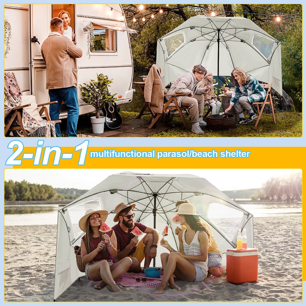 Lichtgewicht 2-in-1 strandparasol met UV50+ zonbescherming, stevig 210D Oxford doek met zilverlaag, compact opvouwbaar en makkelijk mee te nemen met draagtas, ideaal voor strand, camping en reizen thumbnail 5