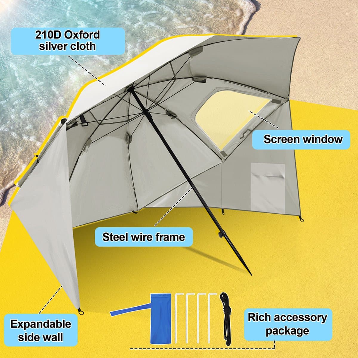 Lichtgewicht 2-in-1 strandparasol met UV50+ zonbescherming, stevig 210D Oxford doek met zilverlaag, compact opvouwbaar en makkelijk mee te nemen met draagtas, ideaal voor strand, camping en reizen thumbnail 3